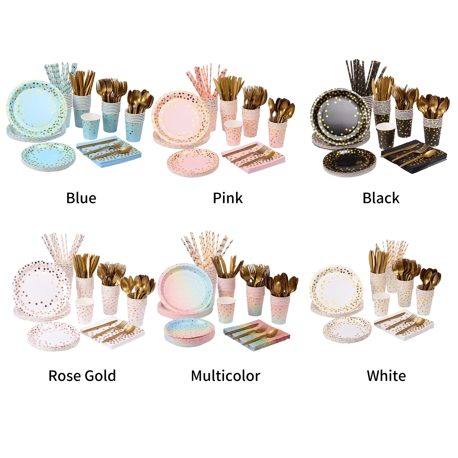 Disposable Tableware Set for 25 Guests Disposable Paper Birthday Dinnerware Plates Forks Knives Spoons Cups Napkins Straws