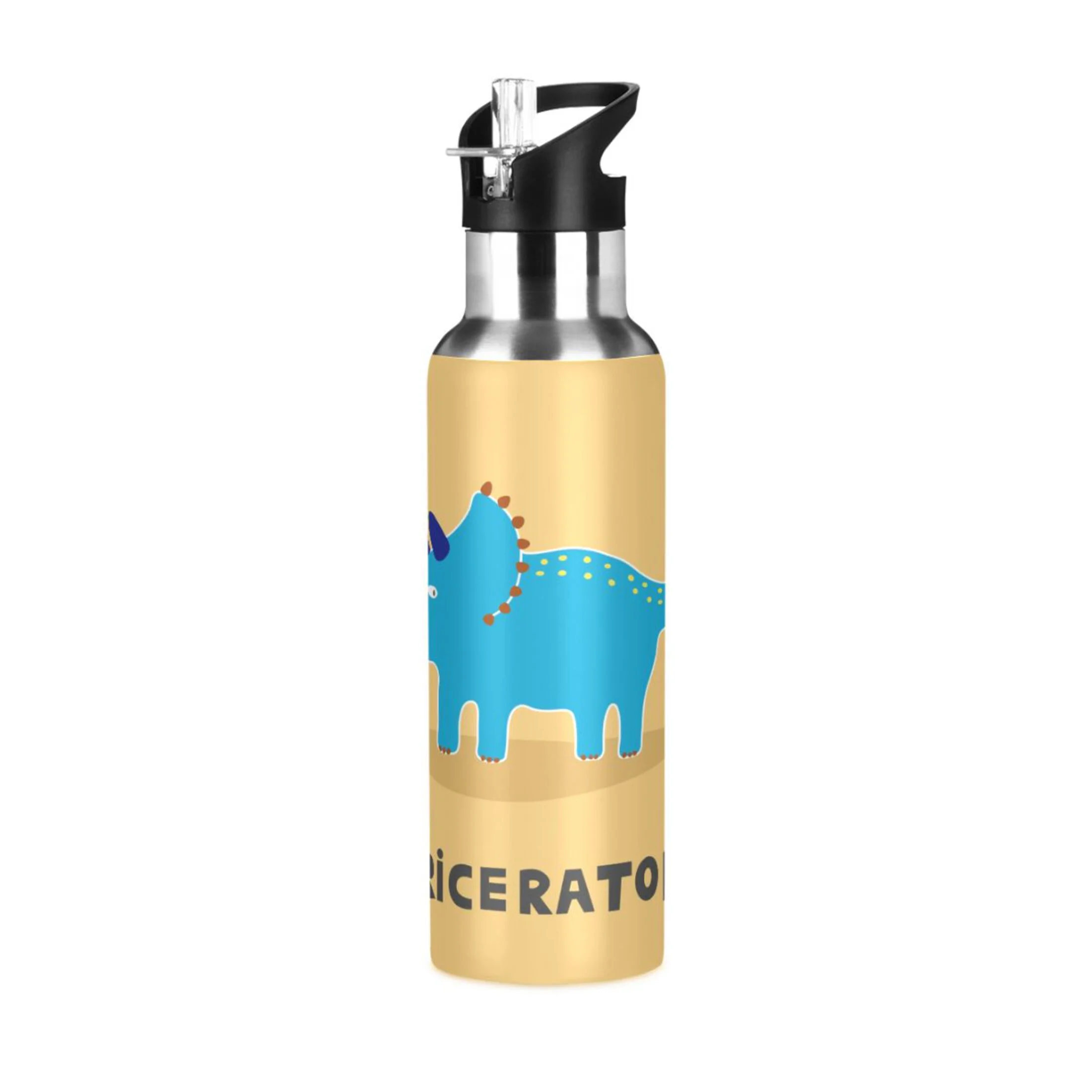 Stainless Steel Water Bottle Triceratops Dinosaur with Straw Lid Vacuum Insulated Keeps Hot and Cold Leak Proof Flask Jug for Gym Travel Sports Cycling Outdoor 20 OZ