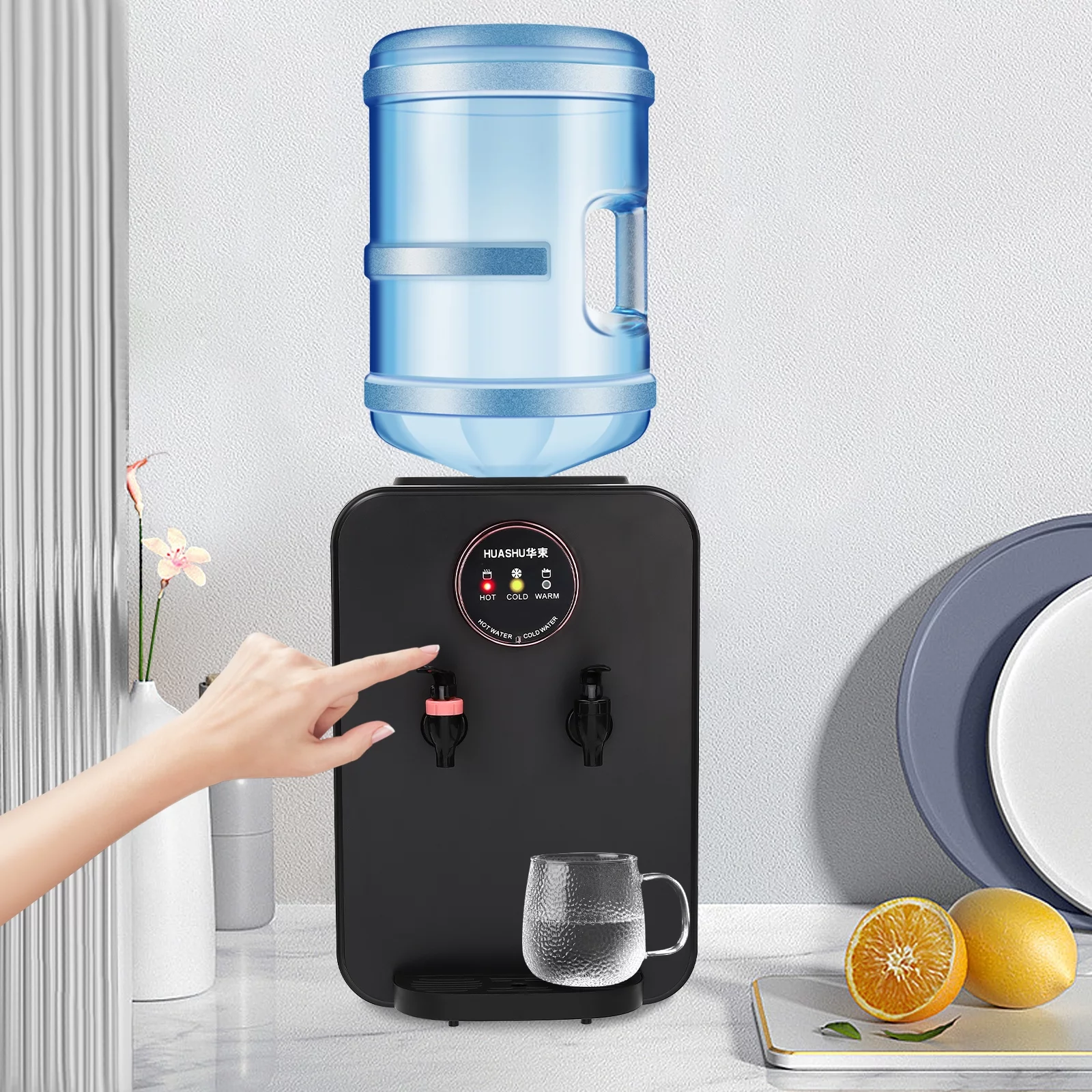 Top Loading Water Cooler, Countertop Hot/Cold Water Dispenser, 110V Premium Water Dispenser with Hot Cold and Room Temperature Water,Black,Applicable Bucket Capacity 4.5-18.9L/1.19-4.99gal