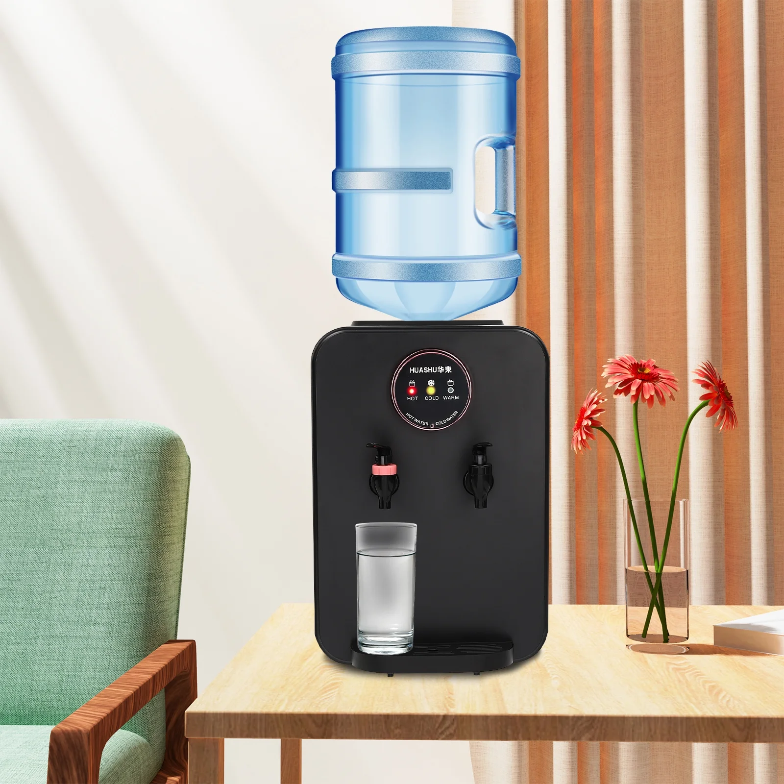 Top Loading Water Cooler, Countertop Hot/Cold Water Dispenser, 110V Premium Water Dispenser with Hot Cold and Room Temperature Water,Black,Applicable Bucket Capacity 4.5-18.9L/1.19-4.99gal