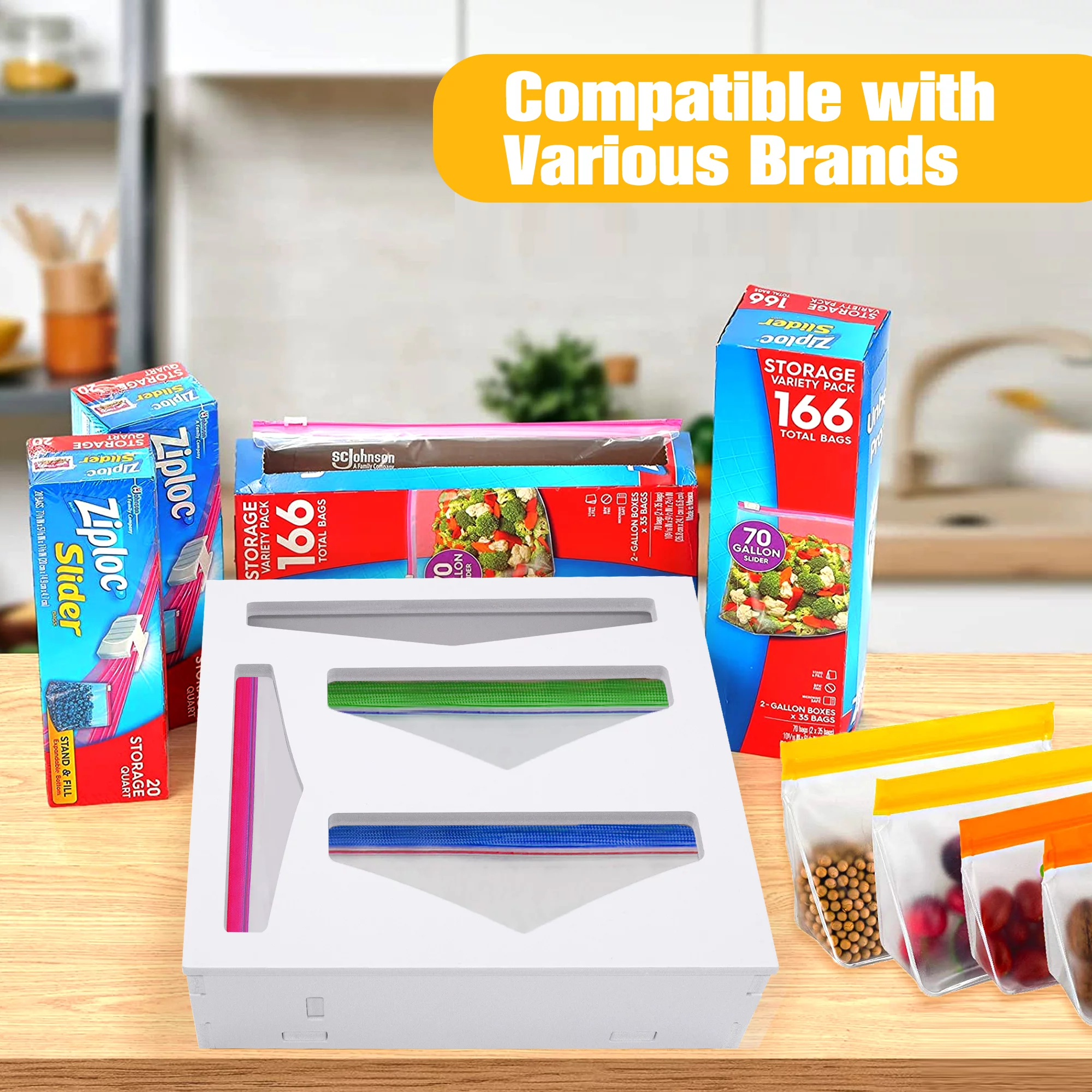 ROMUCHE Bamboo Ziplock Bag Storage Organizer Food Storage Bag Organizer Plastic Wrap Organizer Sandwich Bag Organizer Suitable for  Kitchen Draw Gallon Sandwich Snack & Quart