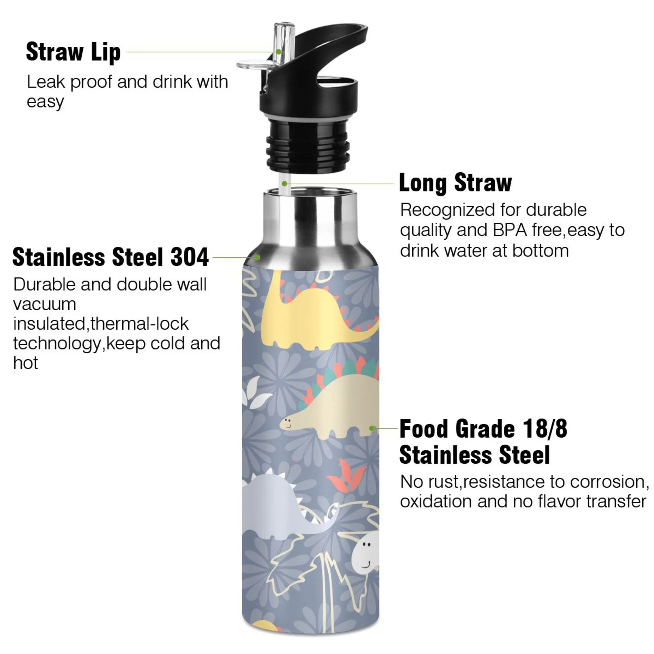 Stainless Steel Water Bottle Dinosaurs Pattern with Straw Lid Vacuum Insulated Keeps Hot and Cold Leak Proof Flask Jug for Gym Travel Sports Cycling Outdoor 20 OZ