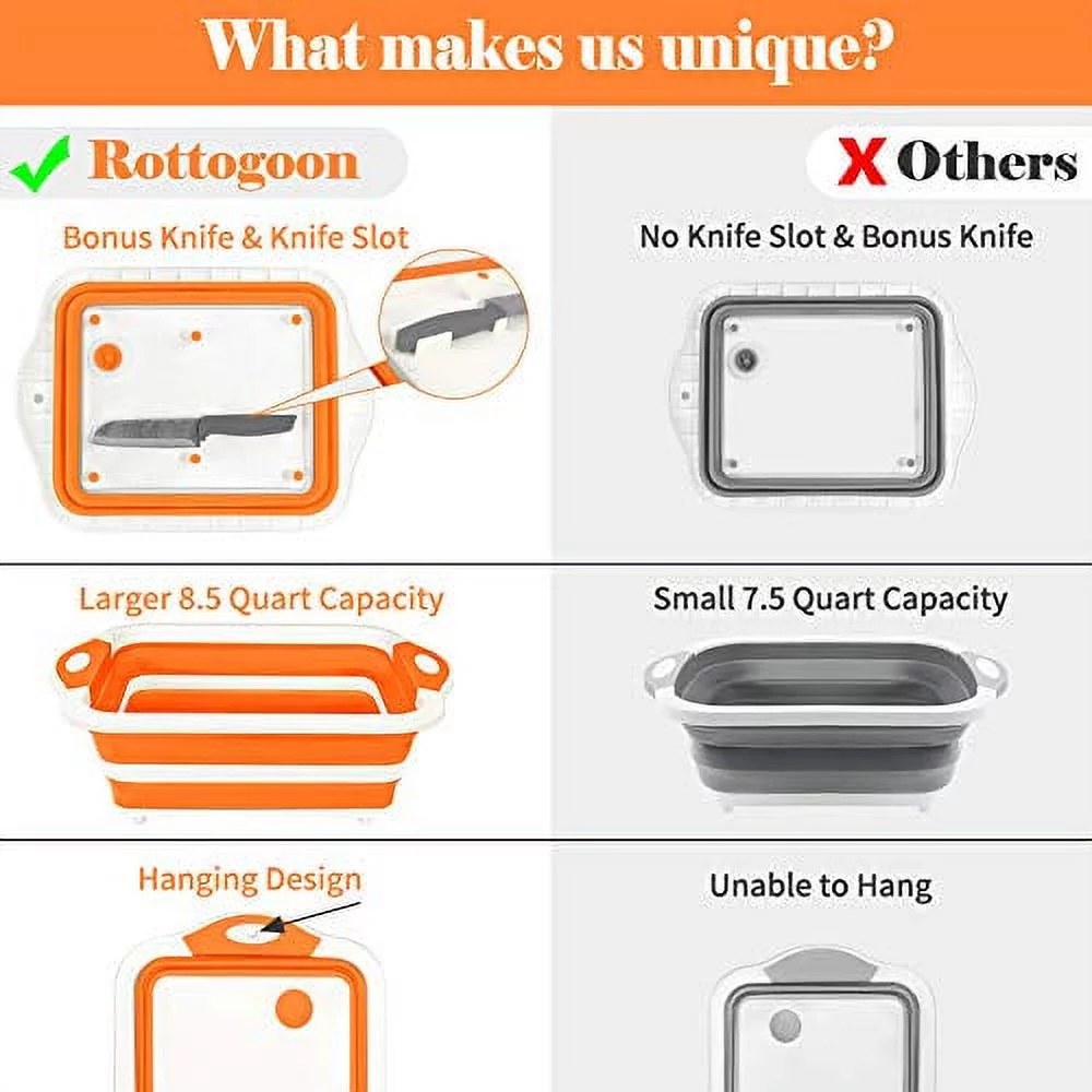 Rottogoon Collapsible Cutting Board, Foldable Chopping Board with Colander, Multifunctional Kitchen Vegetable Washing Basket Silicone Dish Tub for BBQ Prep/Picnic/Camping(Orange)