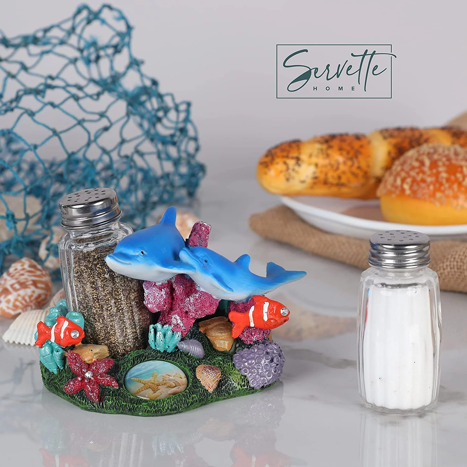 Servette Home Ocean-Themed Dolphin Salt and Pepper Shakers with Stand