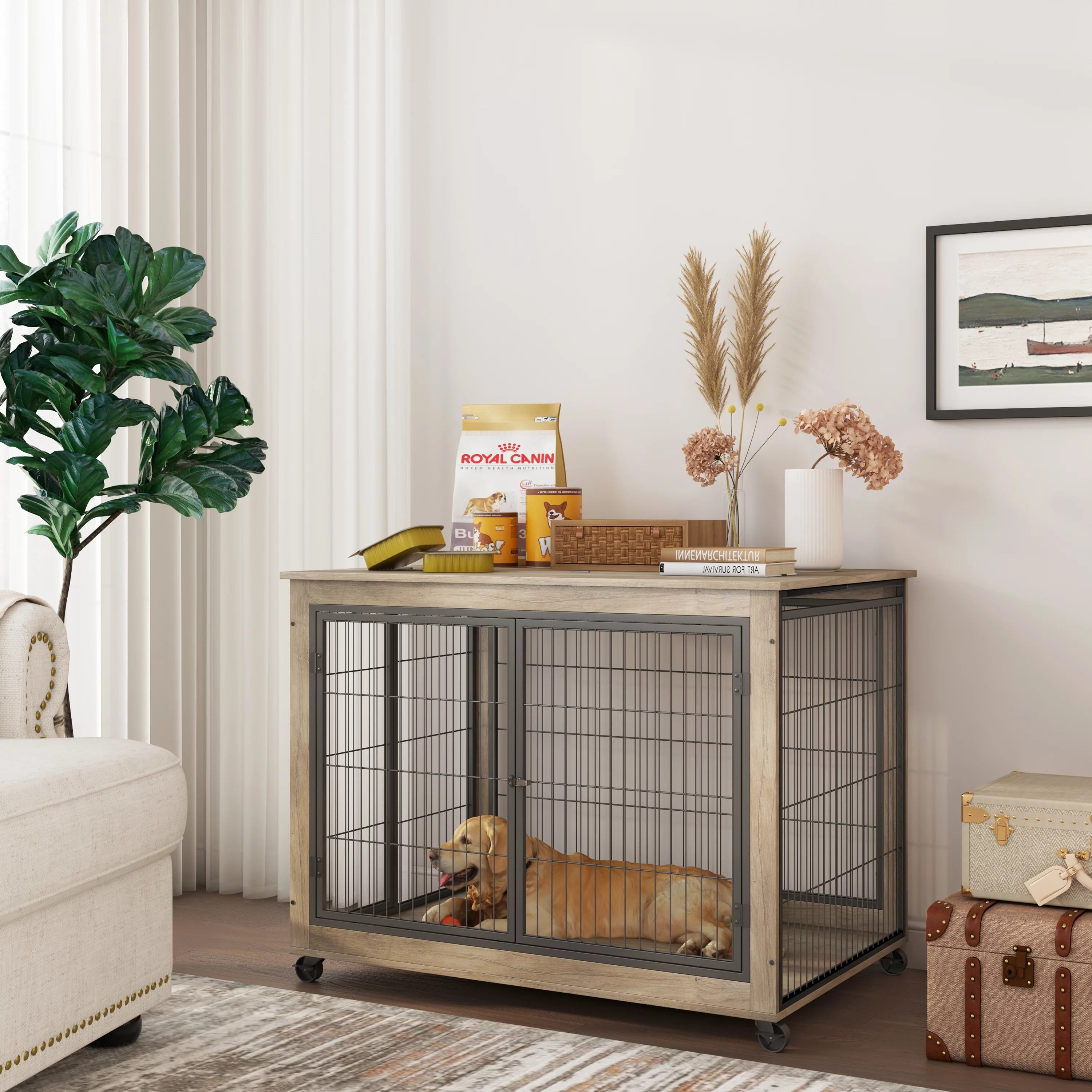 Furniture Style Dog Crate Side Table on Wheels with Double Doors and Lift Top.（Grey,43.7’’w x 30’’d x 31.1’’h）
