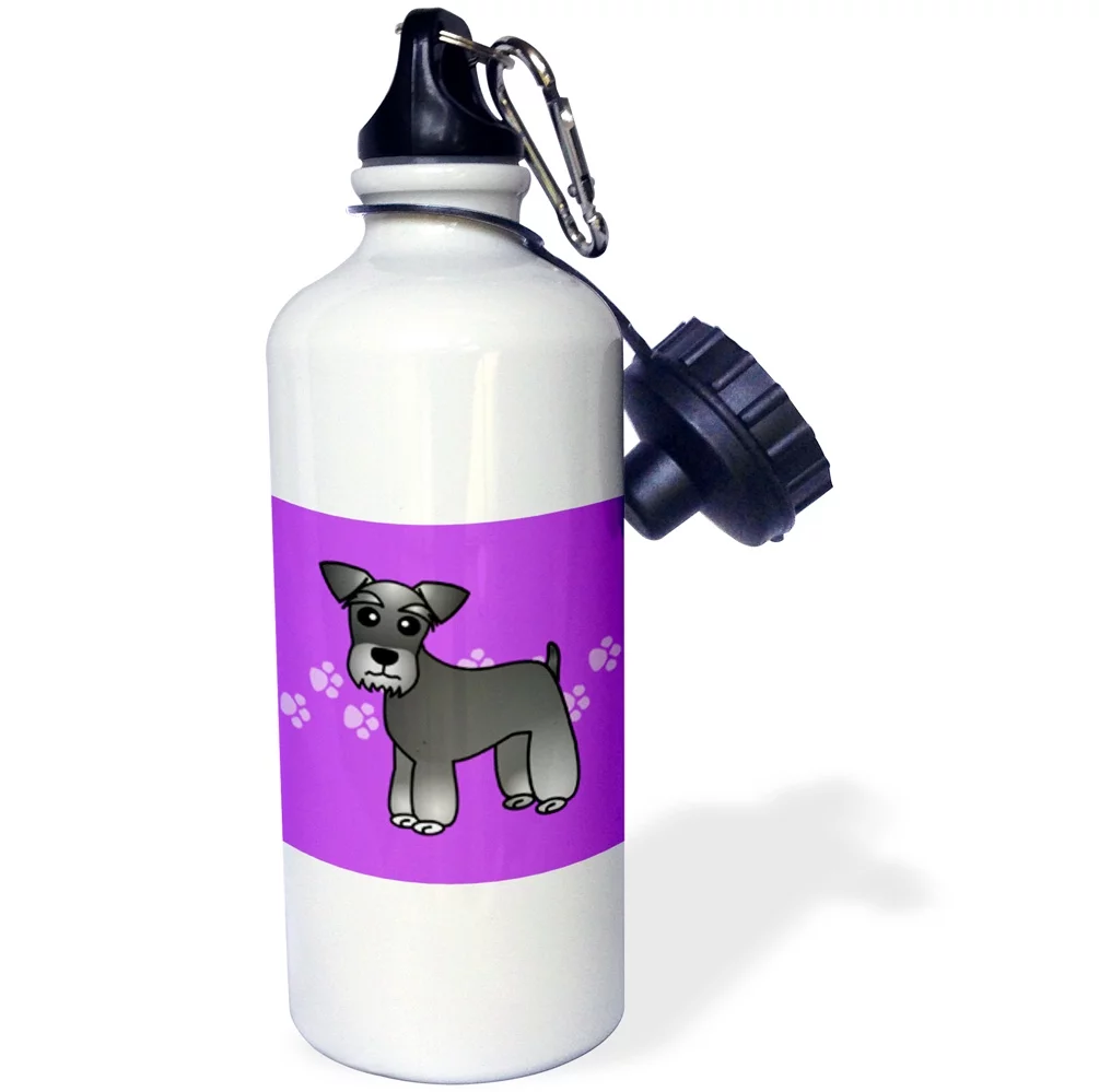 3dRose Cute Miniature Schnauzer Banded Coat (Salt and Pepper) - Cartoon Dog - Purple with Pawprints, Sports Water Bottle, 21oz