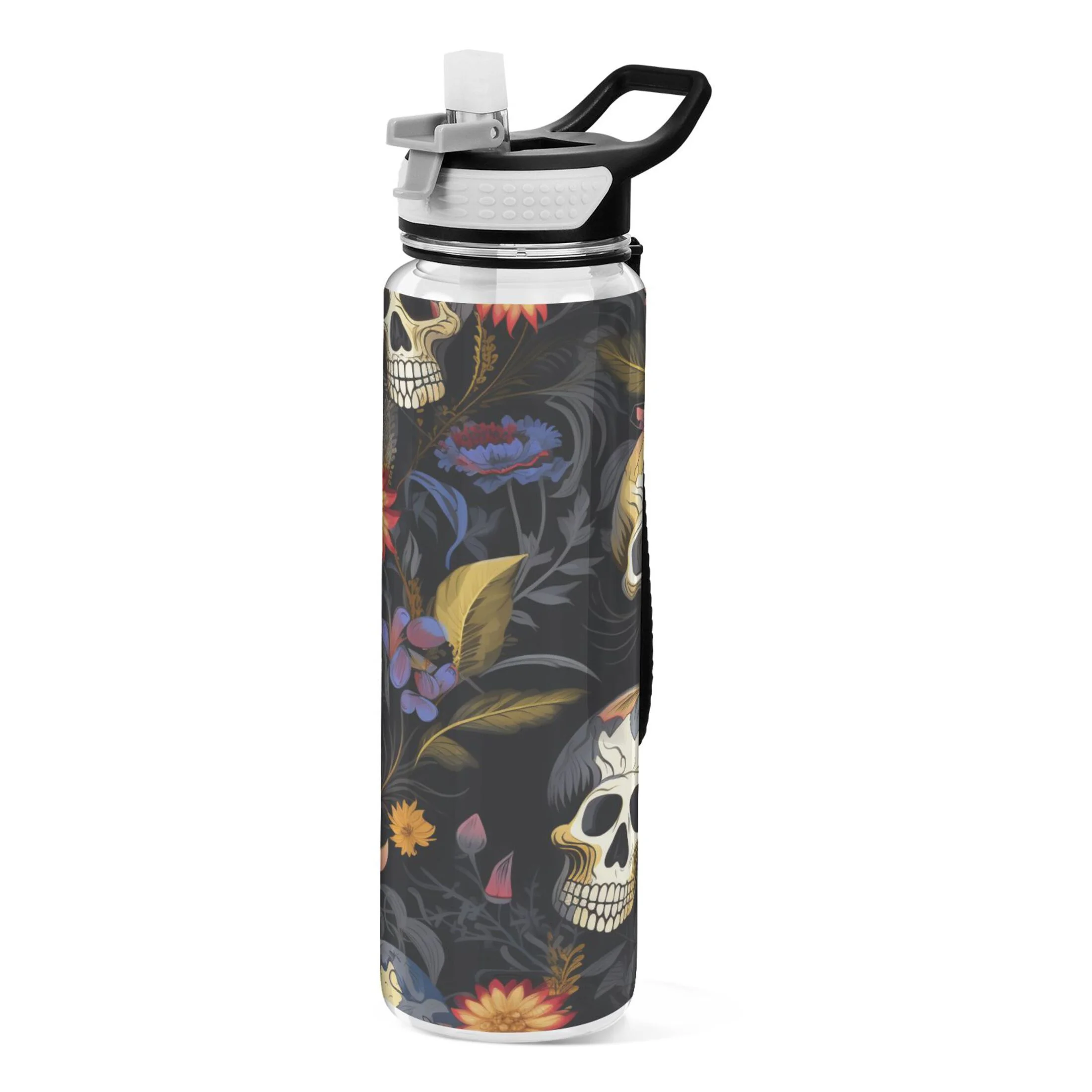 Skeletons Floral 32oz Sports Water Bottles Leakproof Tritan Bottle with Straw BPA Free Clear Bottle for Fitness Gym Outdoor Cycling