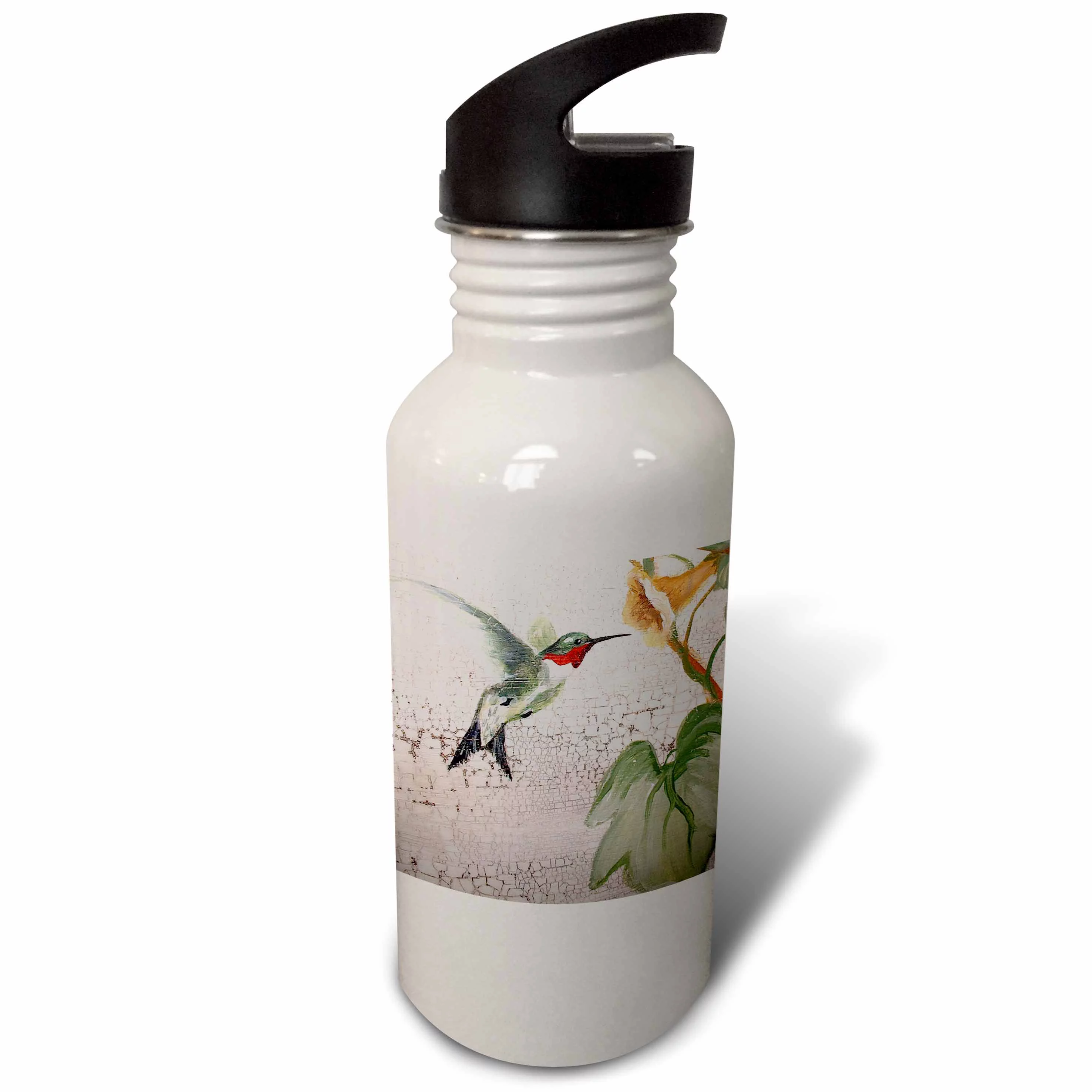 Hummingbird By Yellow Trumpet Flower on Crackled Background 21 oz Sports Water Bottle wb-44373-1