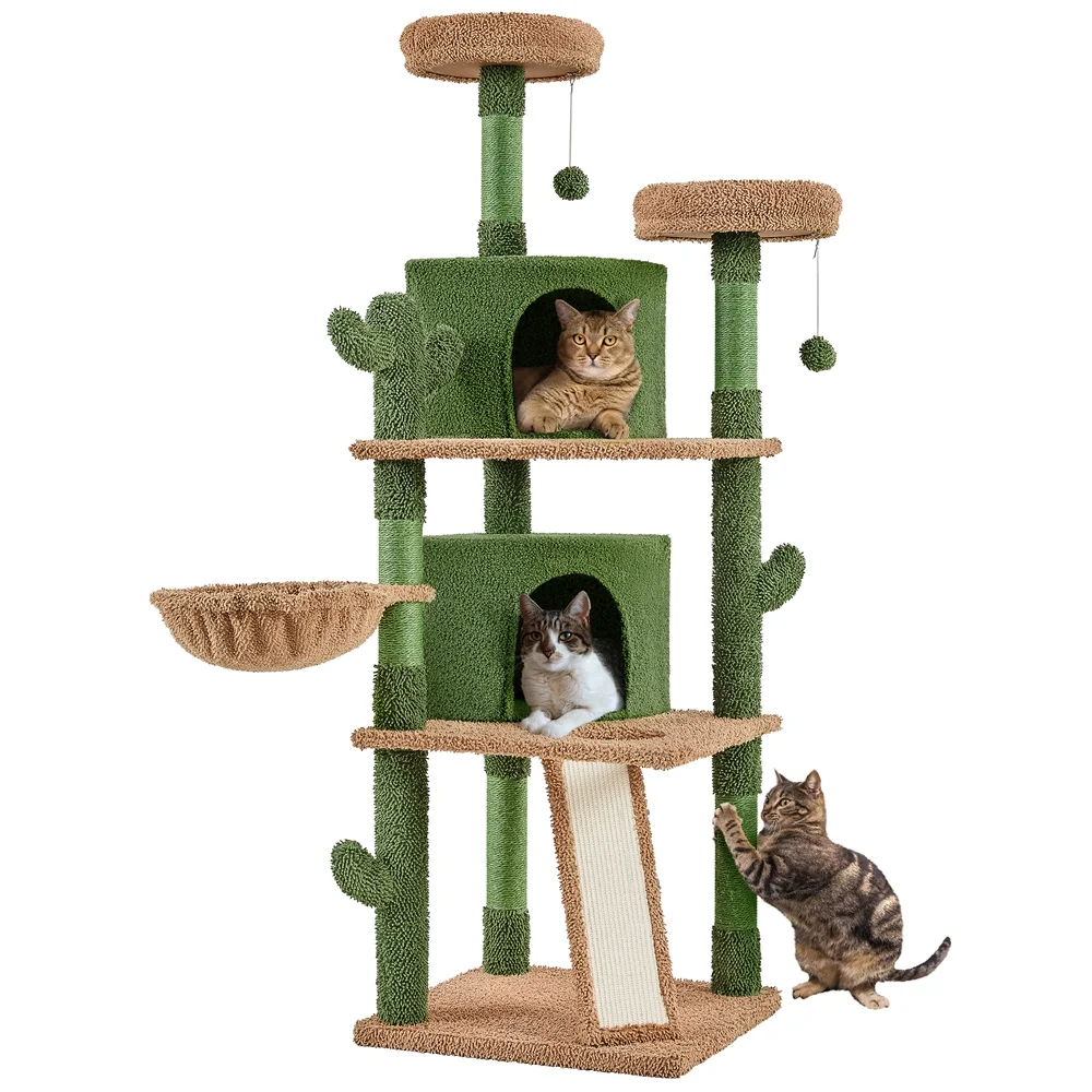 Yaheetech 66''H Cactus Cat Tree Cat Tower with Padded Perch,Green/Brown