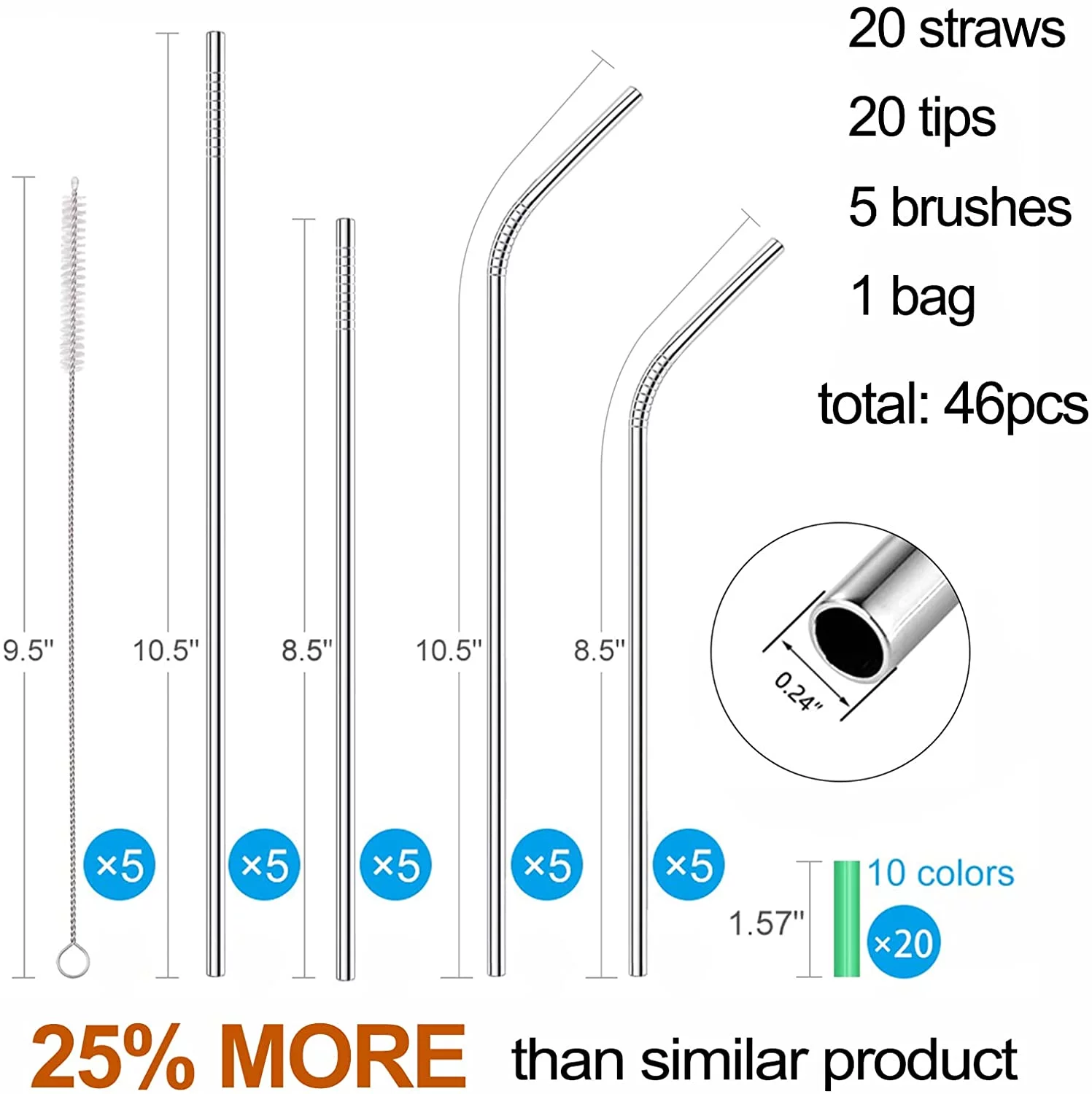 Stainless Steel Straws,Set of 16 10.5