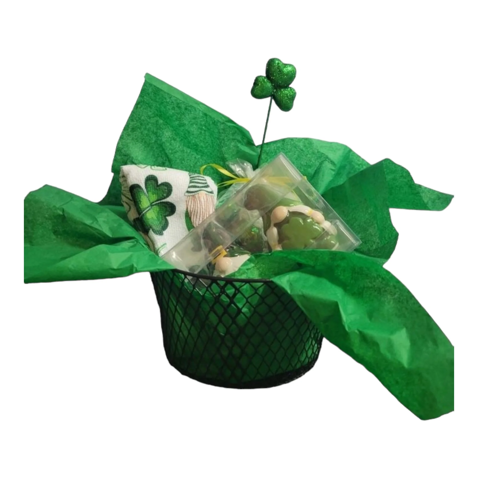 Putt Pantry St. Patricks Day Gnome Decor Bundle, 2 Decorative St Patty Kitchen Towels, Set of Gnome Salt and Pepper Shakers, 1 lb of Lindt LINDOR Milk Chocolate Mint Truffles, packaged by Putt...