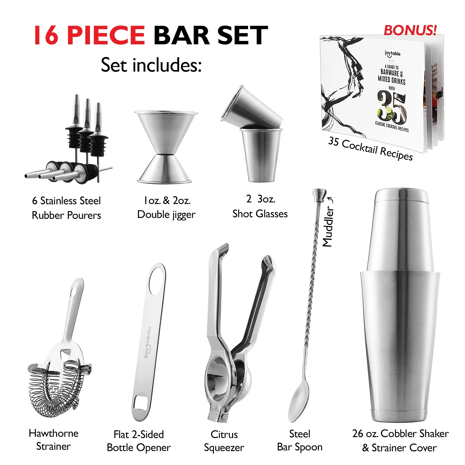 JoyTable 16pc Bartender Cocktail Shaker Set, Stainless Steel Bartender Kit Bar Tool Set, with All Bar Accessories Plus Lemon Squeezer and Great Recipe Book