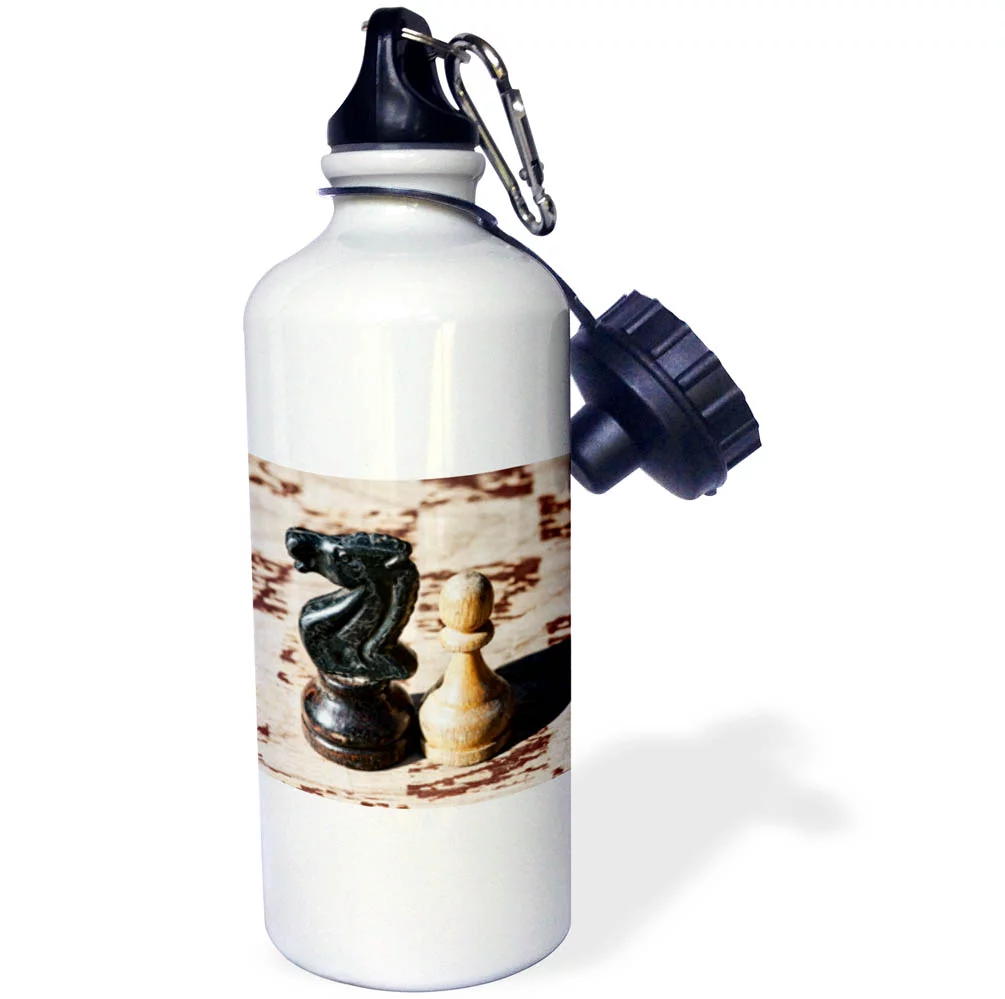 3dRose White chess pawn, black knight, weathered board. Cavalry - Water Bottle, 21-ounce