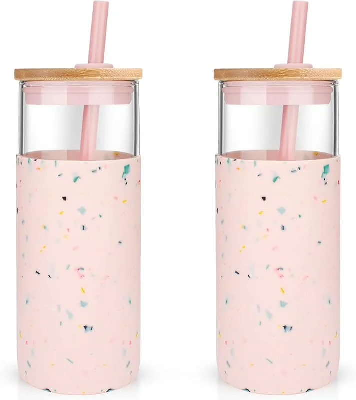 Tronco 20 oz glass tumbler glass water bottle straw silicone protective sleeve bamboo lid-BPA free-Amber