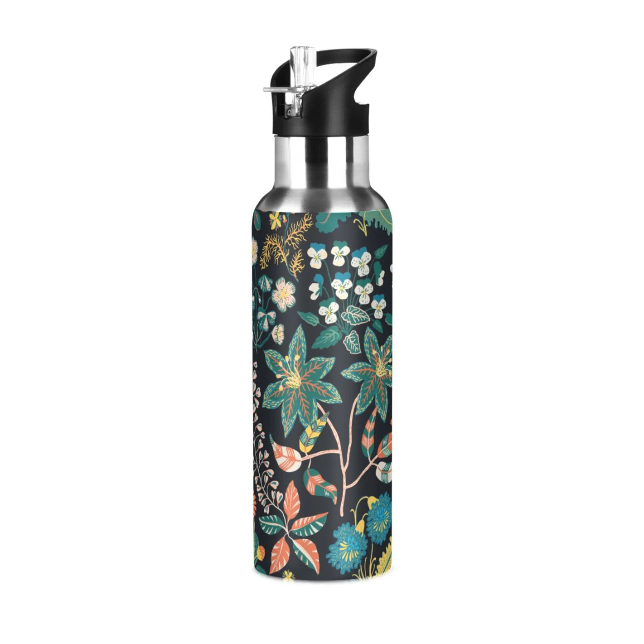 Water Bottle with Straw Lid Leak Colorful Flowers Floral Green Stainless Steel Insulated Thermos Vacuum Flask for Cold Hot Drinking for Sports Camping Gym Yoga