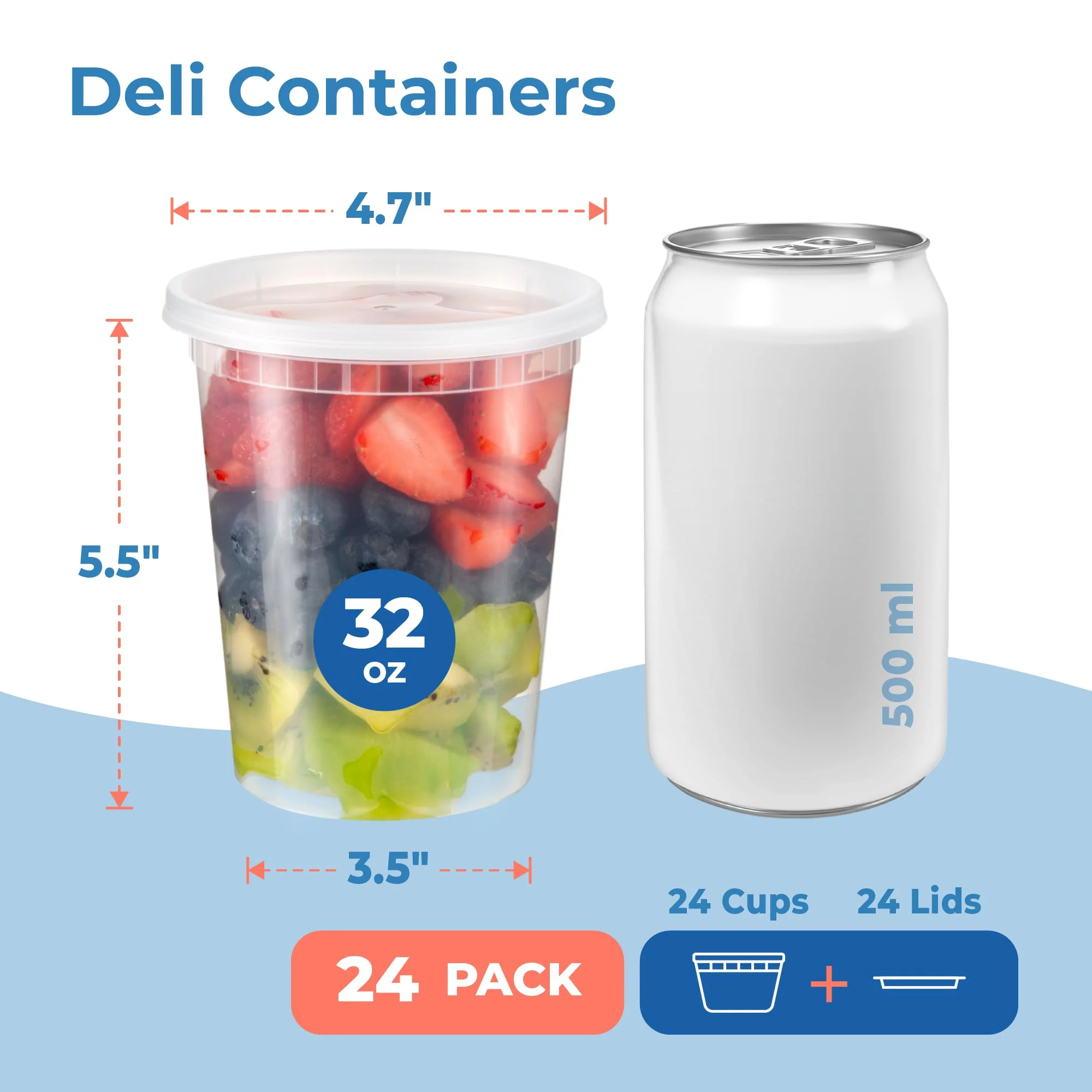 Fit Meal Prep 24 Pack 32 oz Deli Containers with Lids, US Made Airtight Leakproof Plastic Soup Container, Round Clear Quart Food Storage Containers for Takeout Restaurant, Microwave Freezer Safe
