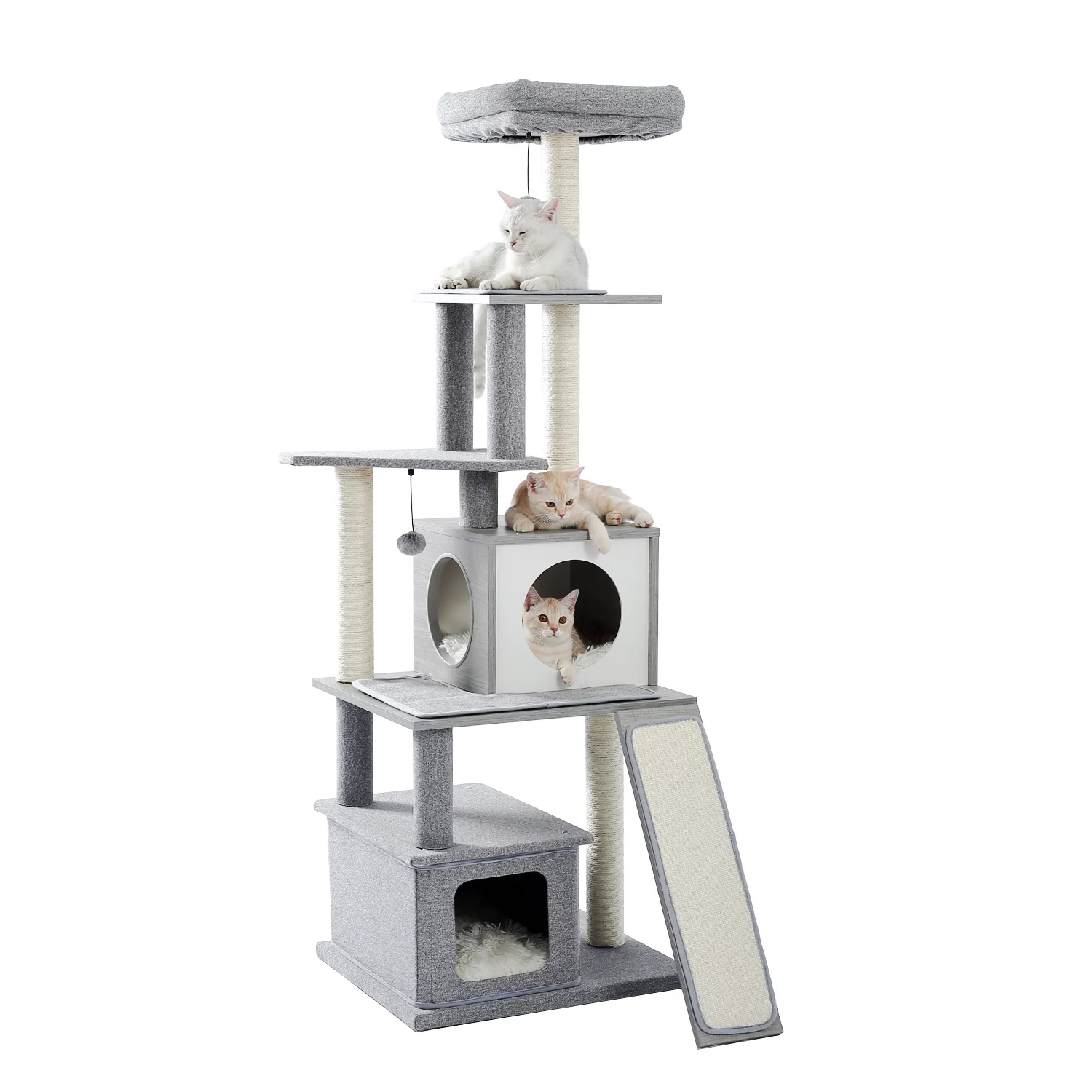 Modern Wood Cat Tree Cats Multi Floor Large Play Tower Sisal Scratching Post Kitten Furniture Activity Centre With Condo Playhouse Dangling Toy Grey