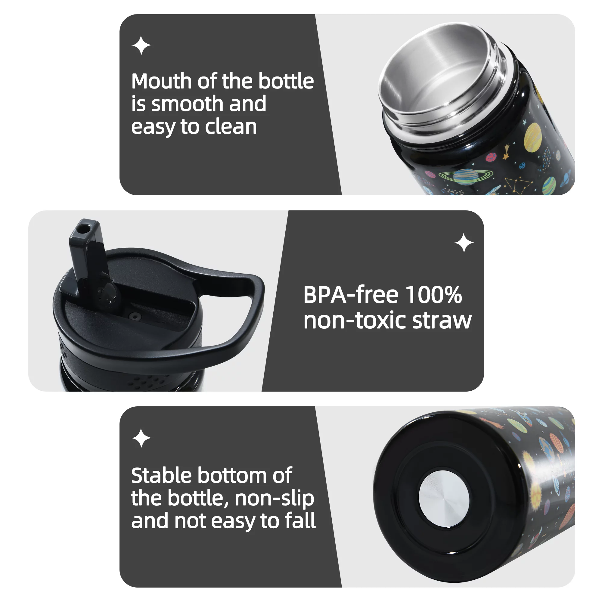 TWINNIS Kids Water Bottle with Strap,14oz Stainless Steel Insulated Water Bottles with 2 Lids,Planet