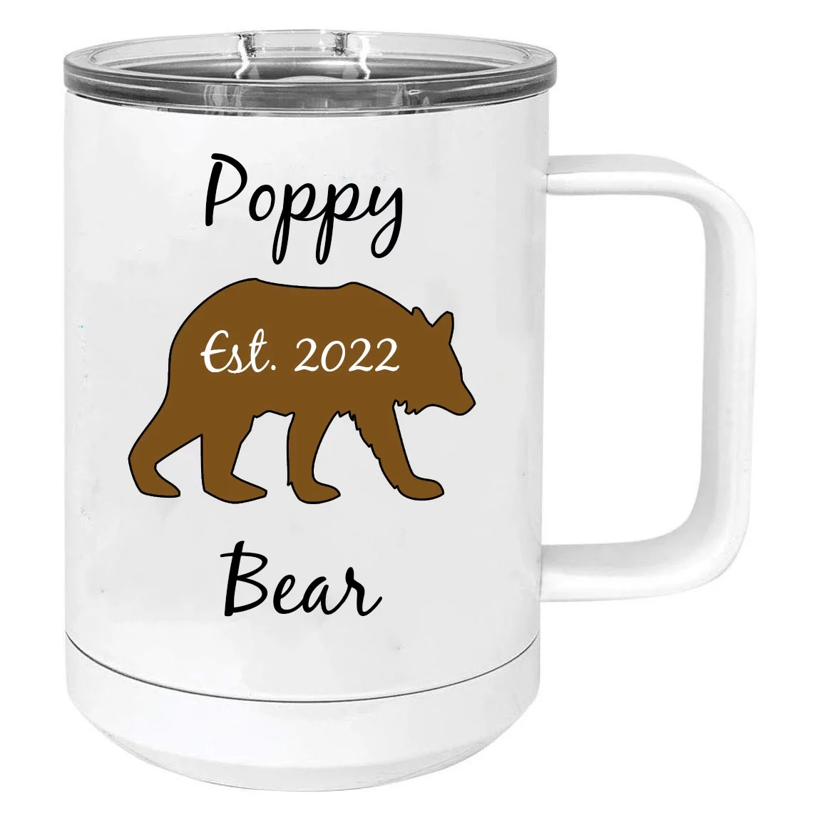 Poppy Bear Est. 2022 Stainless Steel Vacuum Insulated 15 Oz Travel Coffee Mug with Slider Lid, White