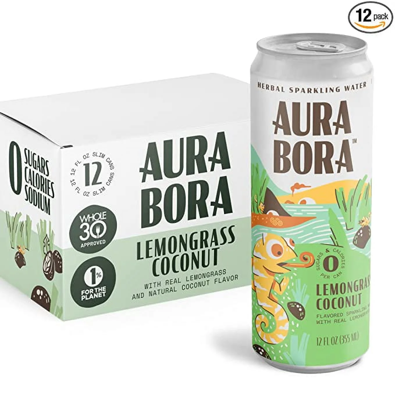 Lemongrass Coconut Herbal Sparkling Water by Aura Bora, 0 Calories, 0 Sugar, 0 Sodium, Non-GMO, 12 oz Can (Pack of 12)