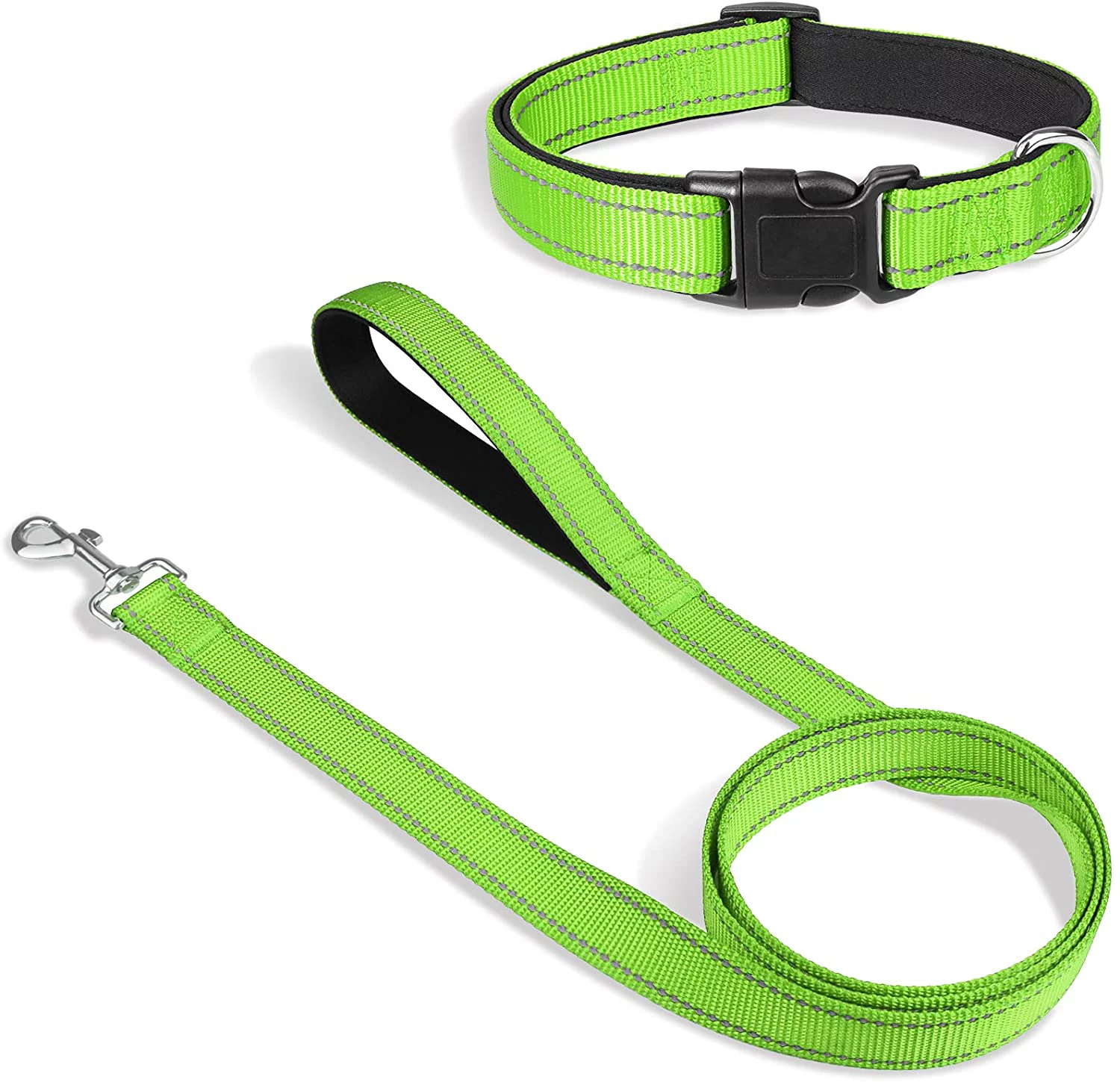 Dog Collar Bundle with 5FTx3/4 Width Double-Sided Reflective Dog Leash,5FT Nylon Dog Leashes with Nylon Dog Collar for Small Dogs,Green