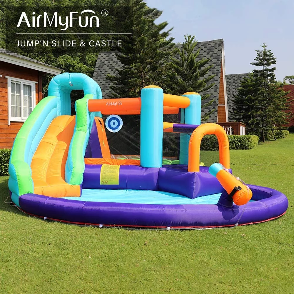 AirMyFun Inflatable Bounce House, Jumping Castle with Water and Slide, Inflatable Bouncer with Air Blower