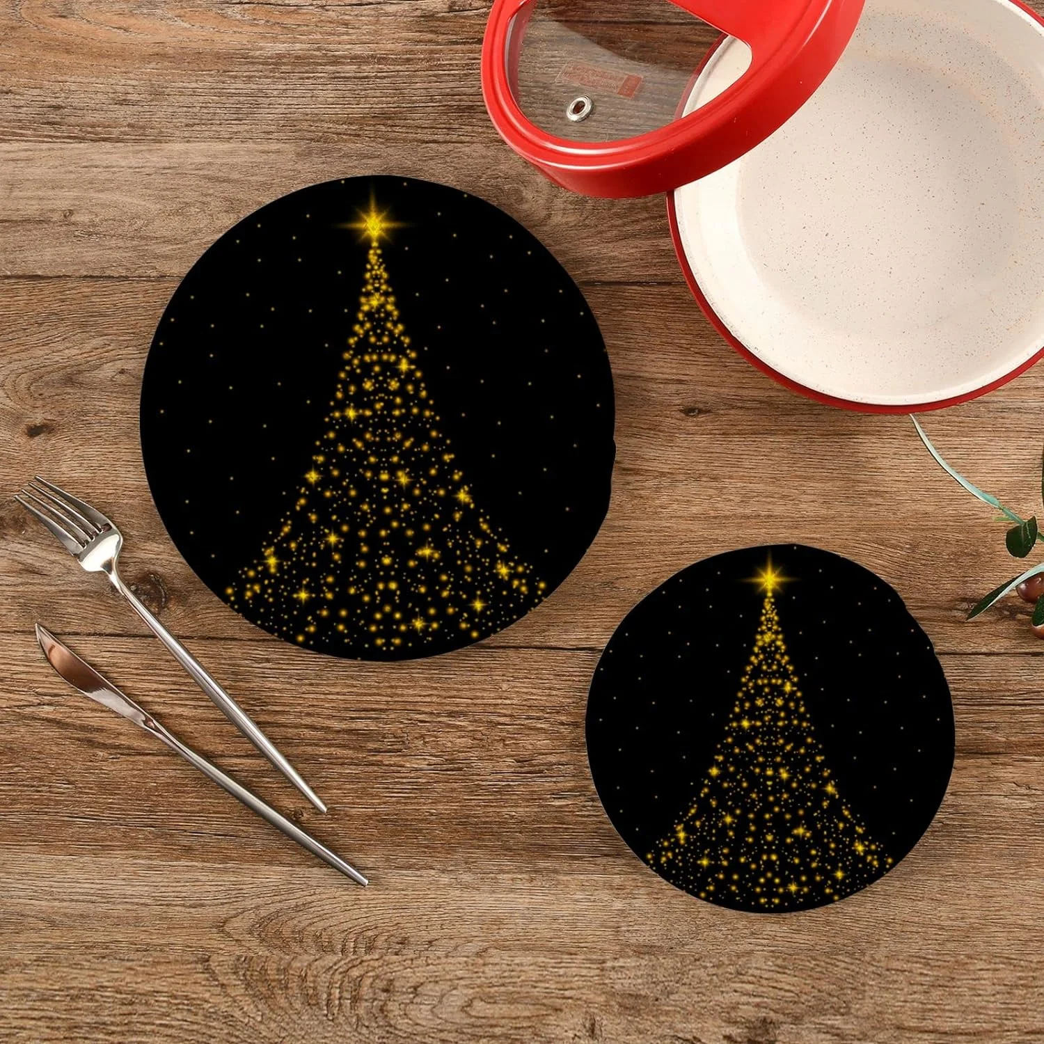GZHJMY Luminous Christmas Tree Round Cotton Heat Resistant Trivets Potholders 2PCS, Weave Pot Holder for Kitchen Non-Slip Dining Plate Mat Handmade Hot Mats for Kitchen Pans Bowl Teapot