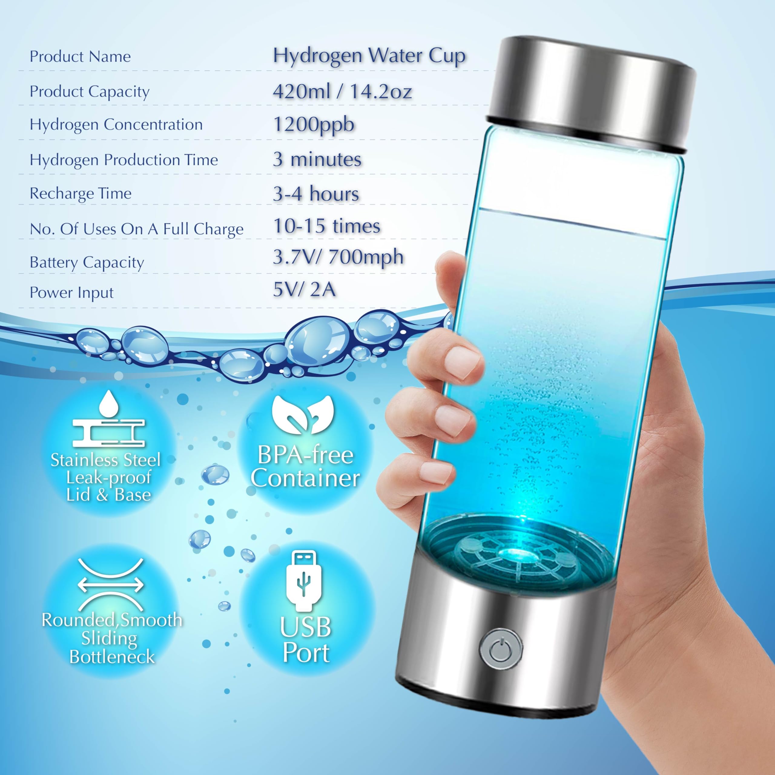 Hydrogen Water Bottle - Portable and Rechargeable Hydrogen Generator for Rich Pure Water up to 1200ppb 14.2 oz - Ionizer & Purifier for Health Plus PEM SPE Technology with Type C Port（silver）