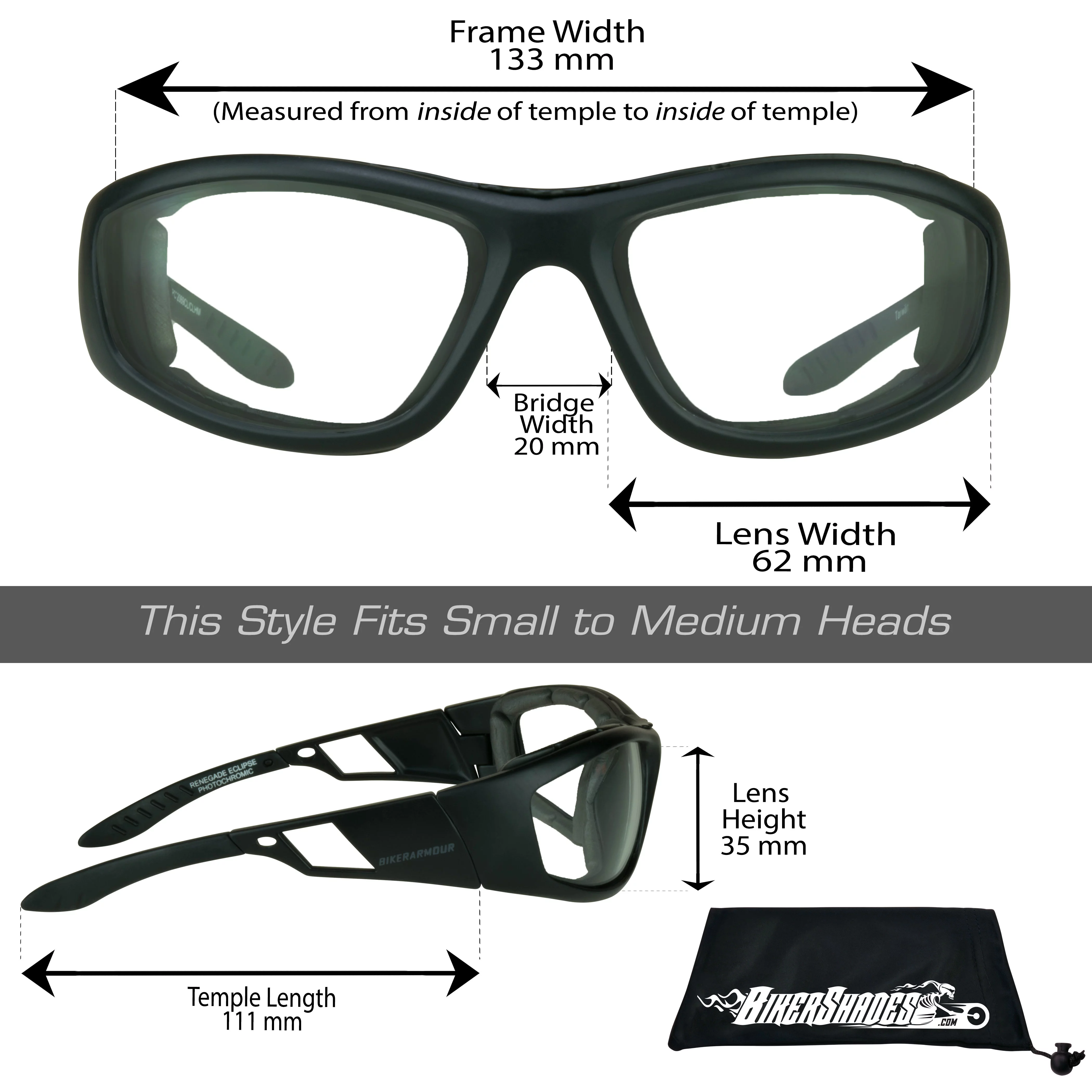 Bikershades Motorcycle Transitional Foam Padded Day Riding Photochromic Lenses and Foam Sunglasses w/ Hard Case