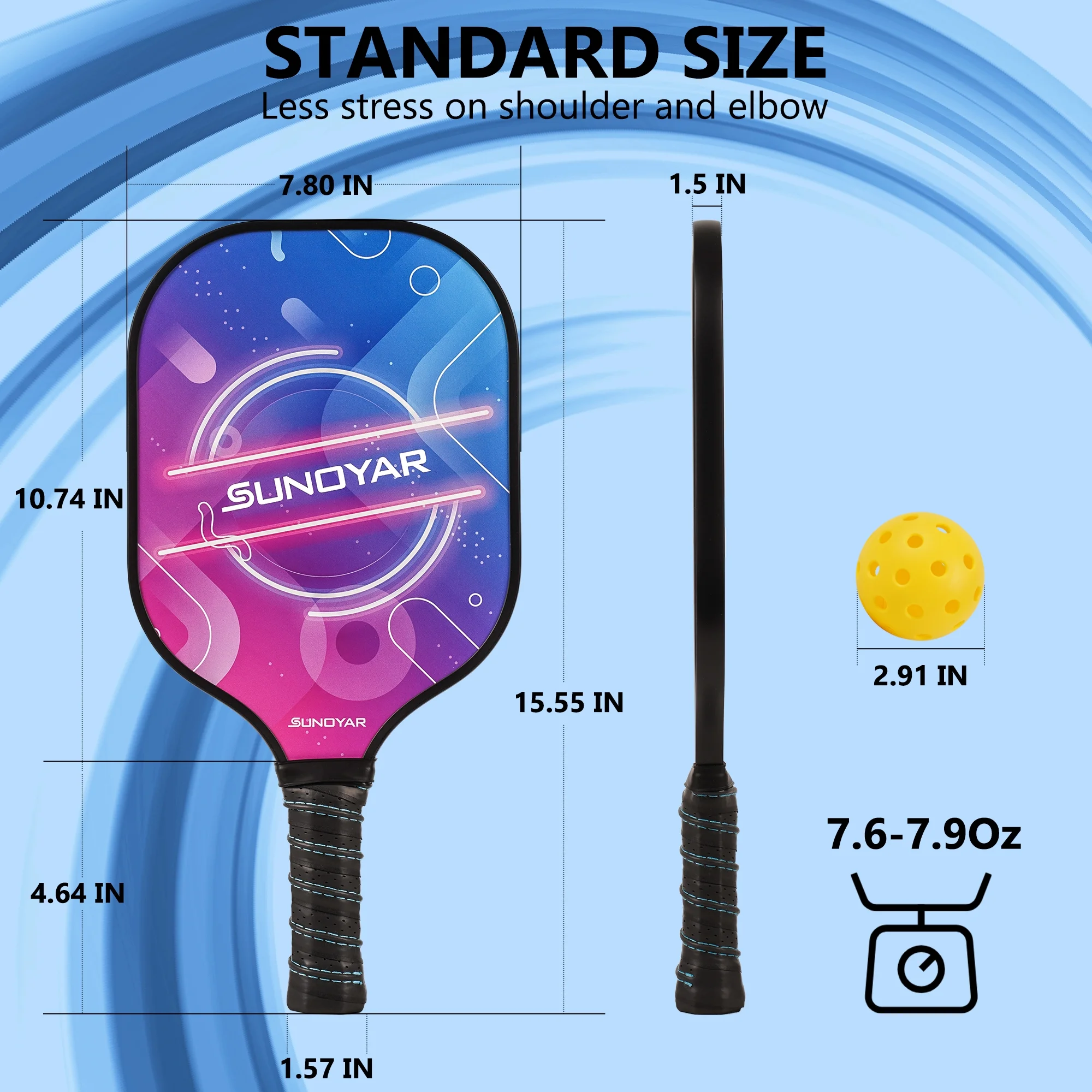SUNOYAR Pickleball Paddles Set, Fiberglass Surface with Polypropylene Core Pickleball Rackets Set, Pickleball Paddles Set with 2 Rackets, 4 Balls and 1 Bag