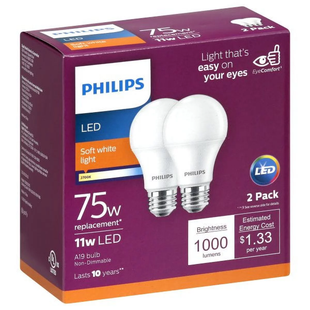 Philips 75W Equivalent Soft White A19 Medium LED Light Bulb (2-Pack) 565366