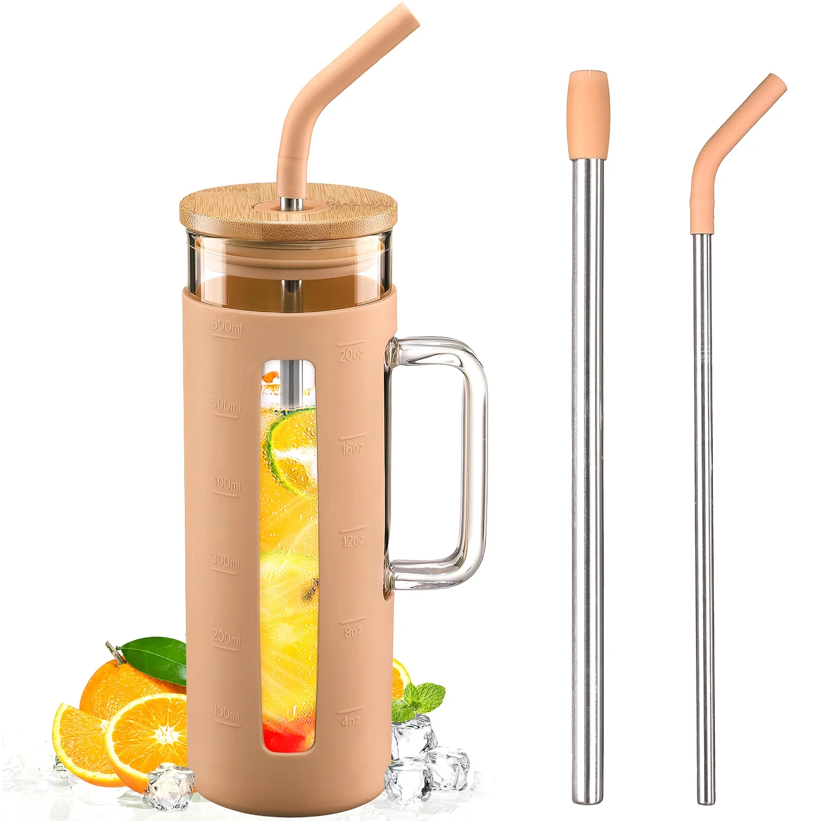 MUKOKO 20oz Glass Water Tumble with Straw and Bamboo Lid, Reusable Water Bottle with Water Marker, Iced Coffee Cup with Straw Silicone Protective Sleeve-Amber