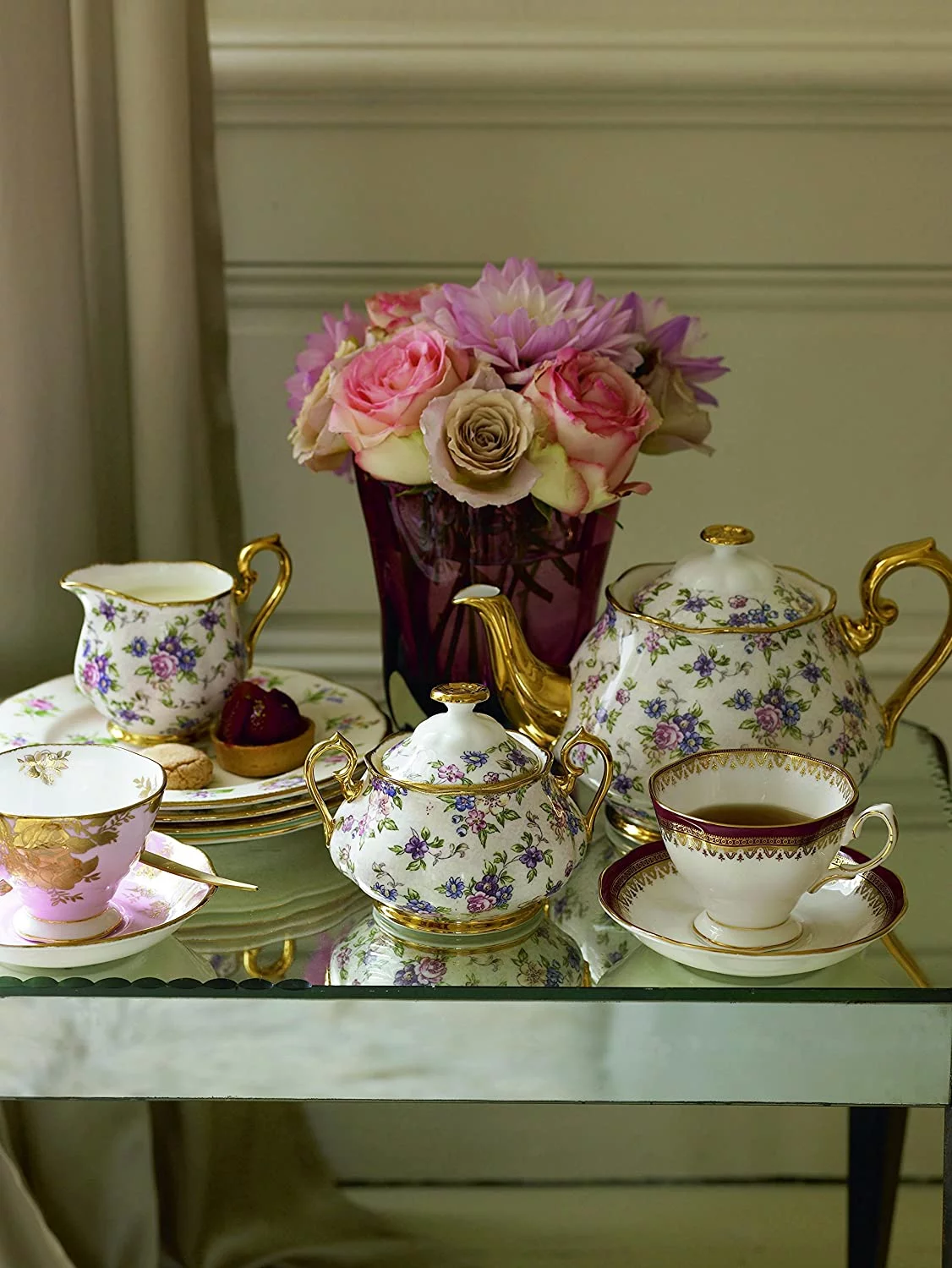100 Years Teapot Sugar Cream, 3 Piece Set Englsih Chintz 1940, Bone China, Multicolor