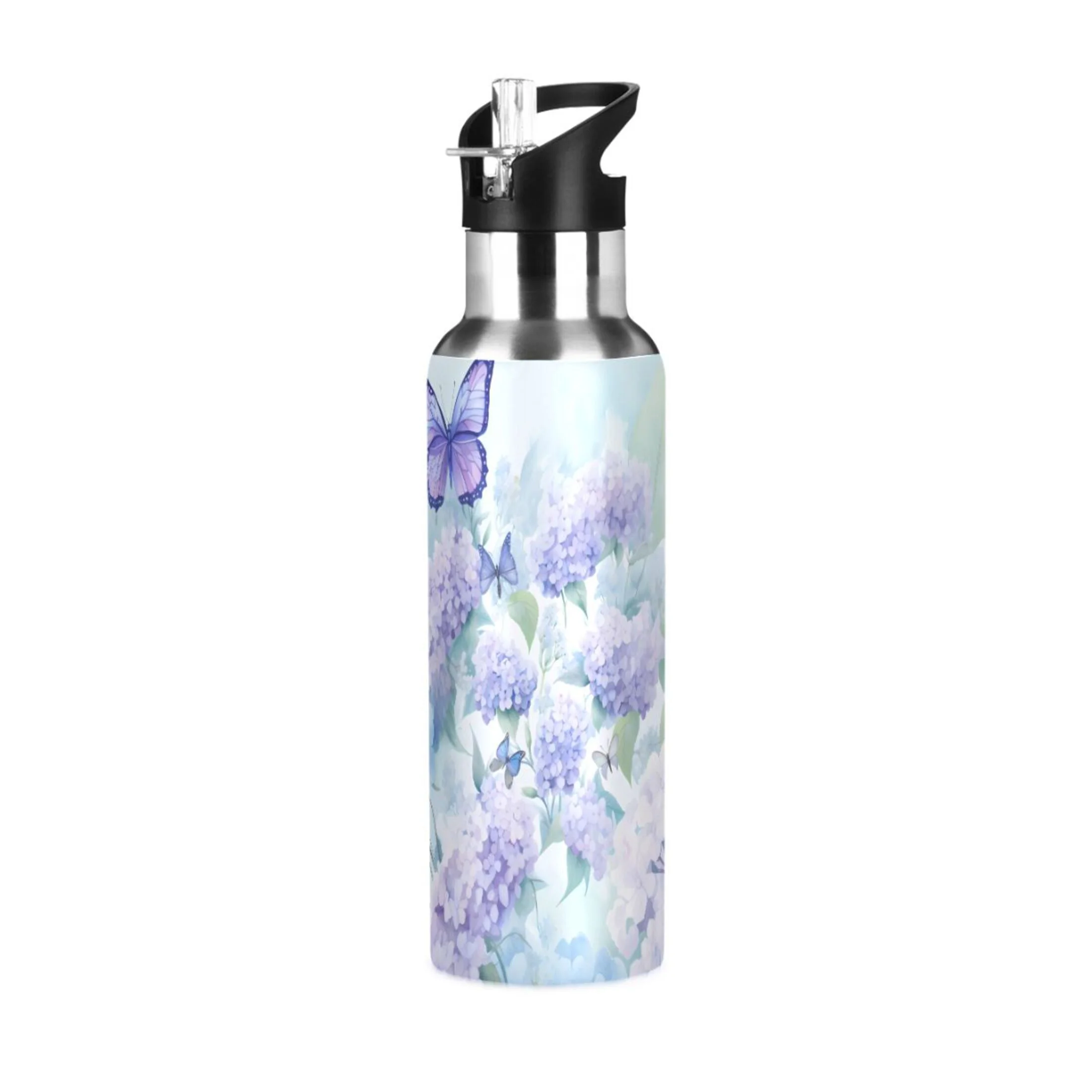 Water Bottle with Straw Lid Leak Butterfly in Lavenders Stainless Steel Insulated Thermos Vacuum Flask for Cold Hot Drinking for Sports Camping Gym Yoga