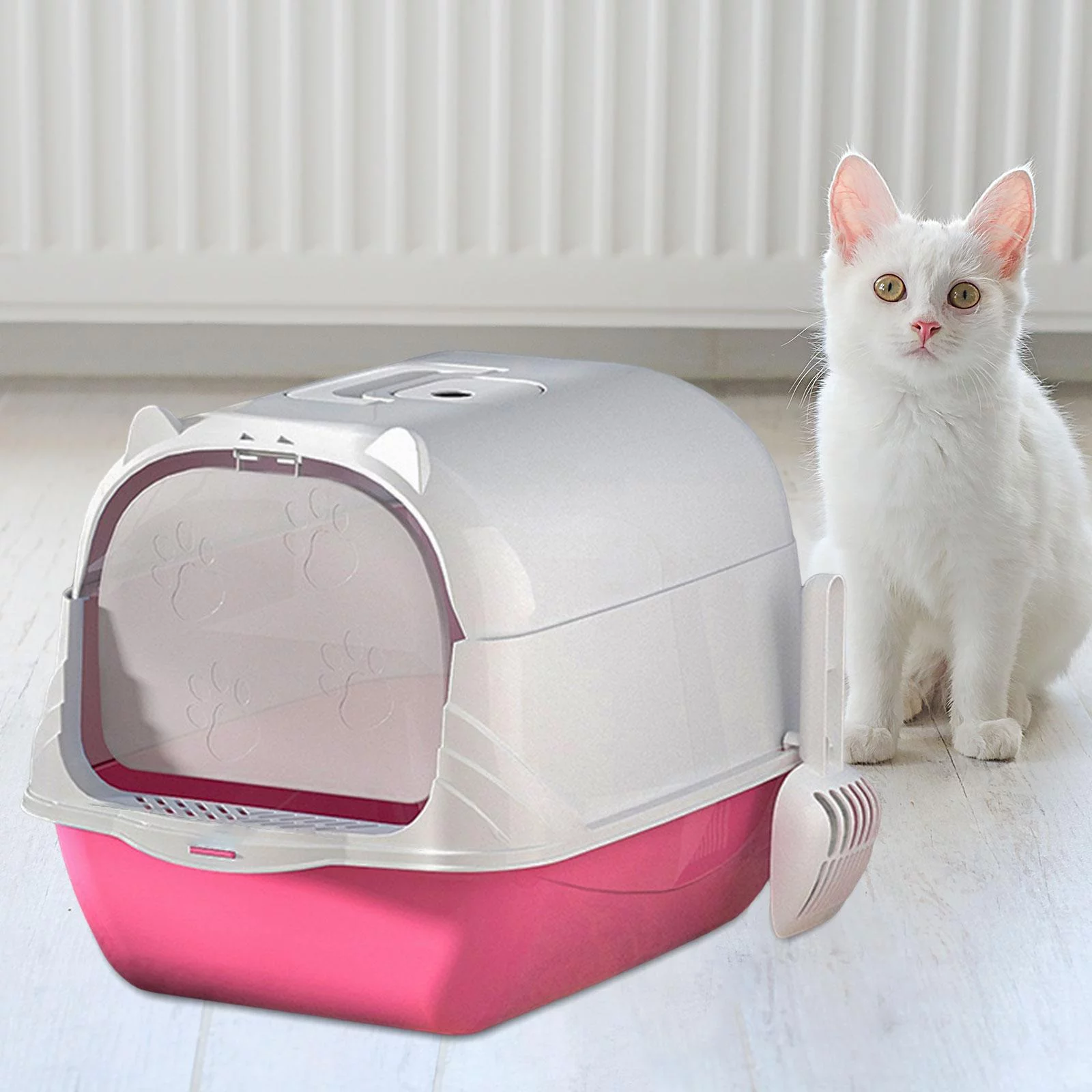 Enclosed and Covered Cat Toilet Bedpan Pet Litter Tray Hooded Cat Litter Box Pink