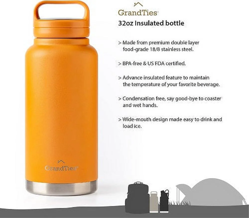 GrandTies 2 Lids Sports Stainless Steel Water Bottles &ndash; Wide Mouth Vacuum Insulated Reusable Leak Proof BPA-Free Travel Metal Canteen, Thermos Bottles for Men Women Gym
