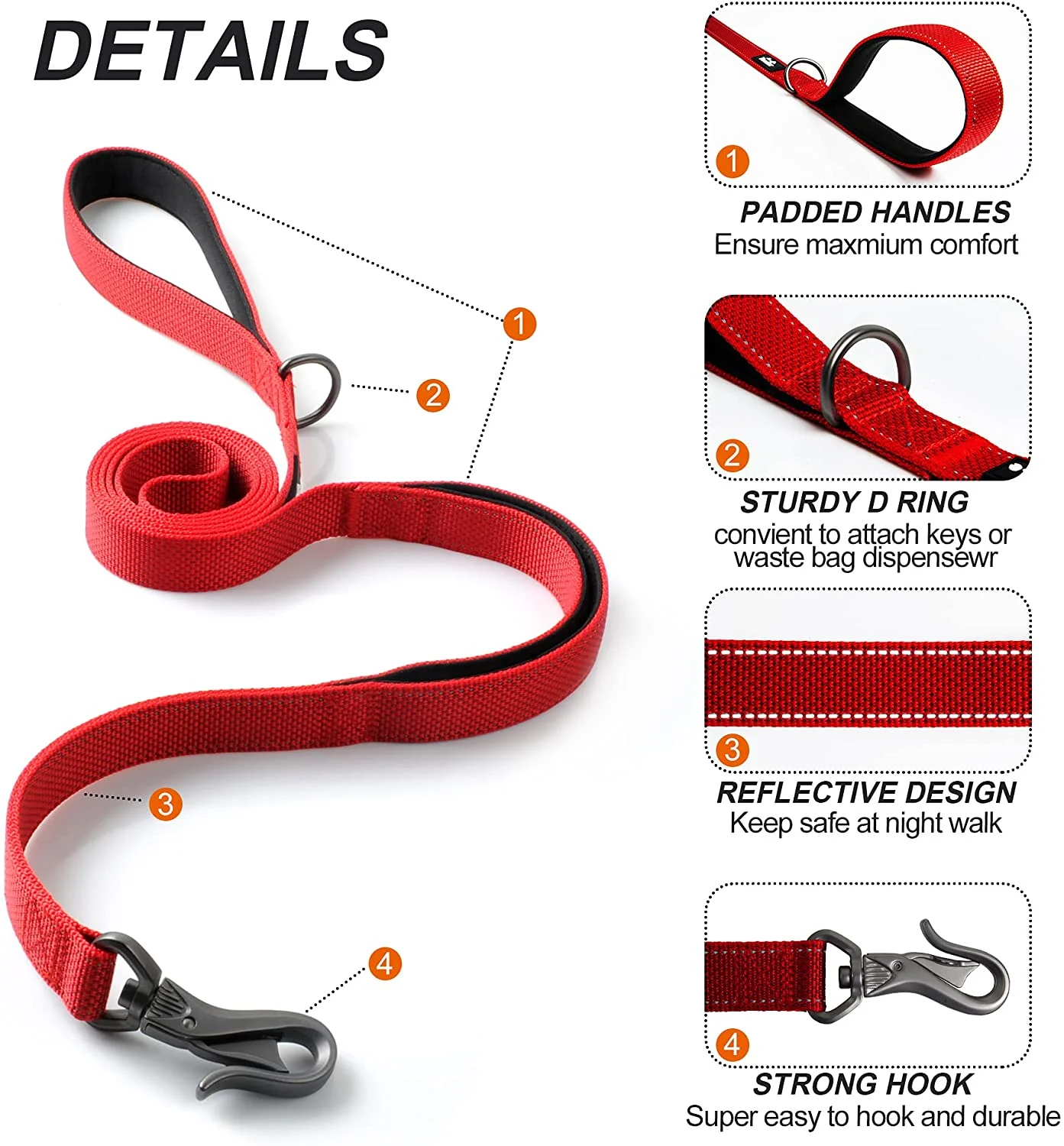 TwoEar 5FT 1IN Strong Red Dog Leash with 2 Padded Handles, Traffic Handle Extra Control, Comfortable Soft Dual Handle, Auto Lock Hook, Reflective Walking Lead for Small Medium and Large Dogs