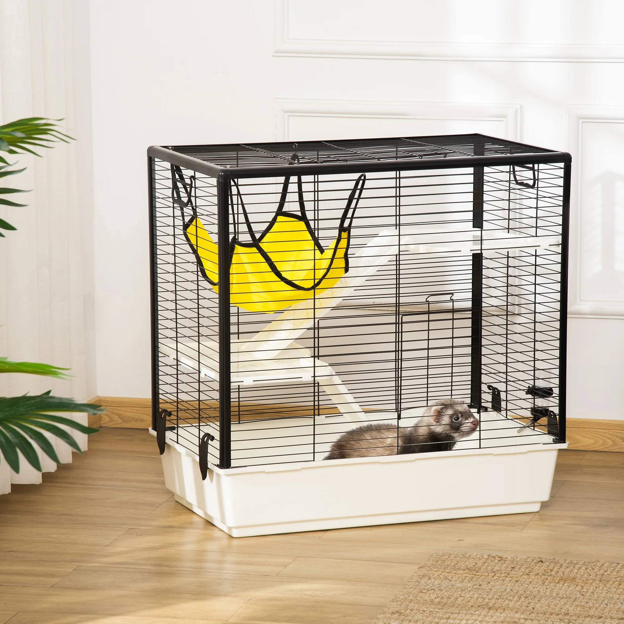 PawHut Small Animal Cage Habitat Indoor Pet Play House for Guinea Pigs Ferrets Chinchillas, With Accessories Hammock Water Bottle Balcony Ramp Food Dish, 31.5