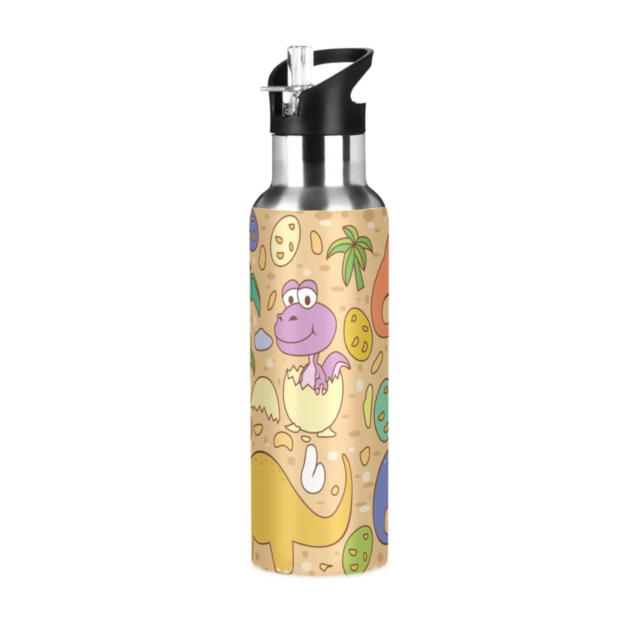 Stainless Steel Water Bottle Cute Dinosaur with Straw Lid Vacuum Insulated Keeps Hot and Cold Leak Proof Flask Jug for Gym Travel Sport Cycling Outdoor 20 OZ