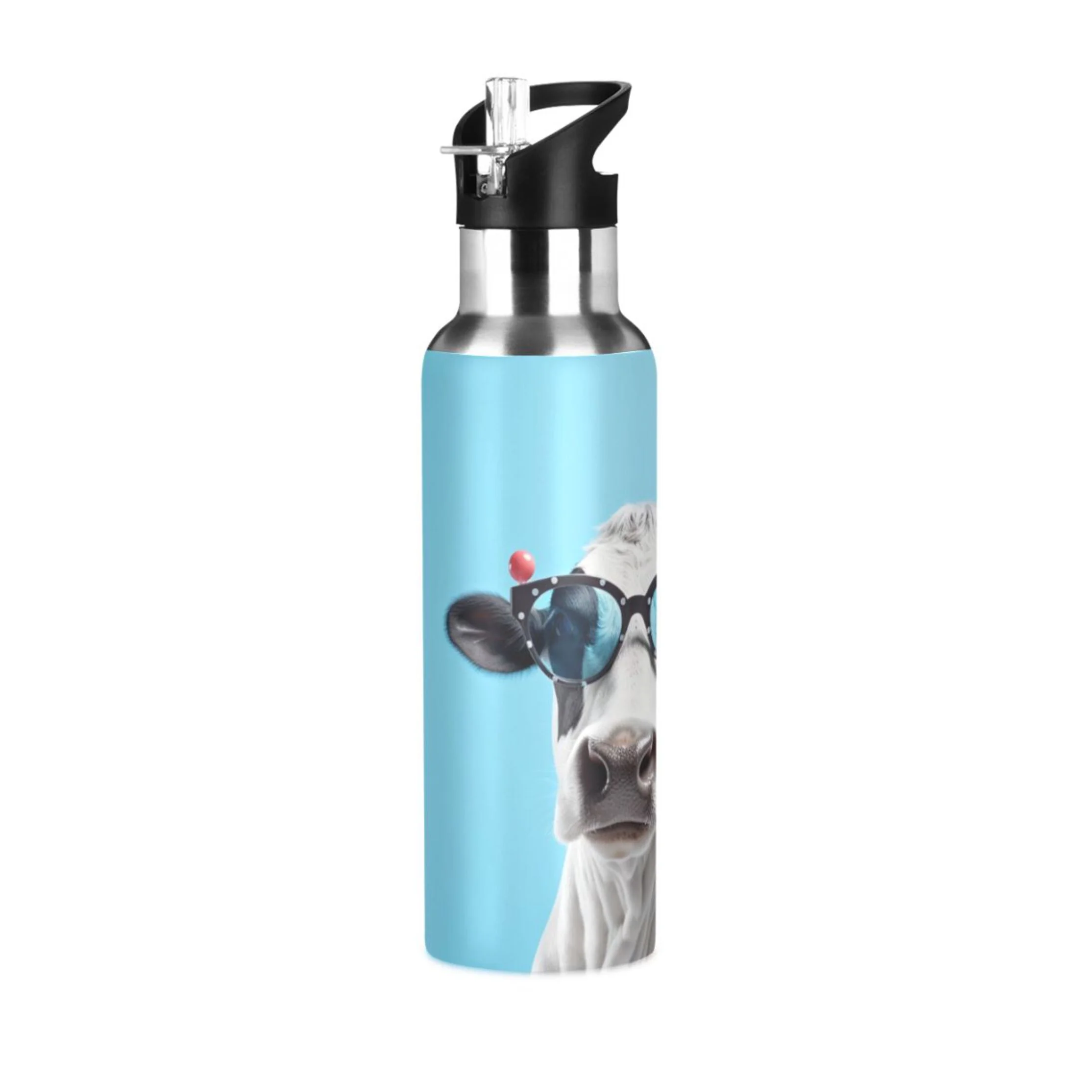 Cow with Glasses Water Bottles Insulated Thermos Kids Stainless Steel Bottle with Straw Lid Flask Leakproof for Sports Gym 20 oz
