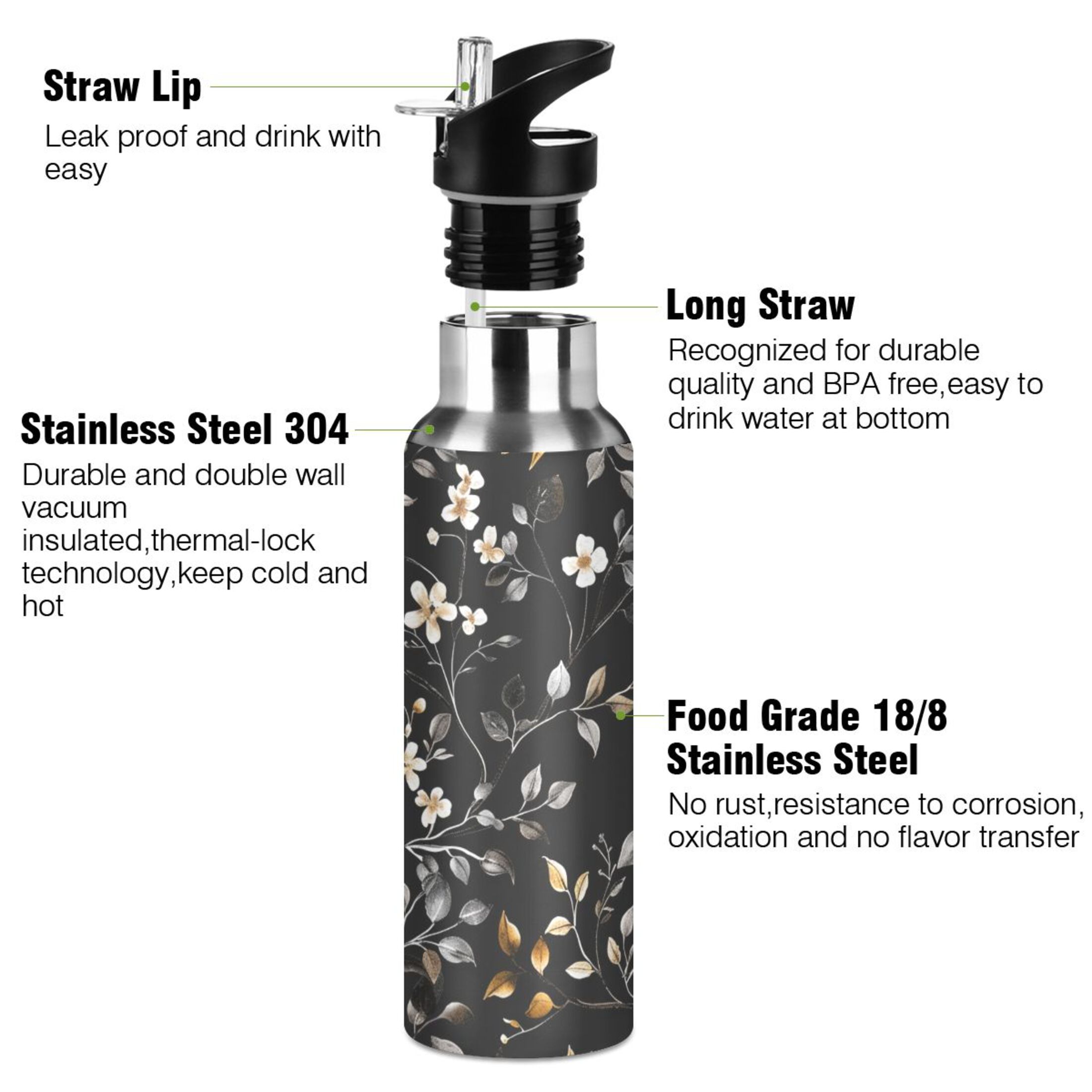 Flower on Black Water Bottles Insulated Thermos Kids Stainless Steel Bottle with Straw Lid Flask Leakproof for Sports Gym 20 oz