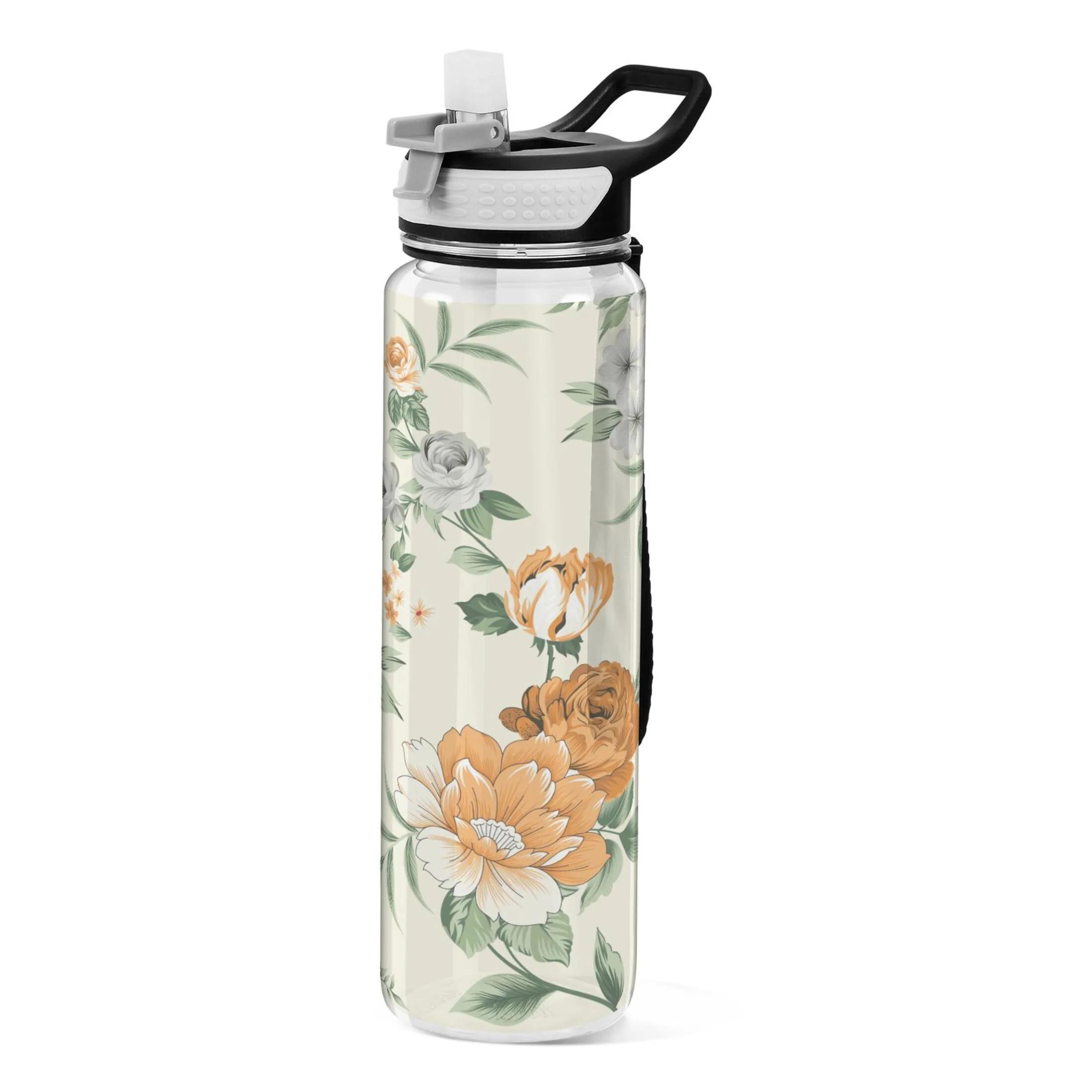 Flowers with Peony 32oz Water Bottles with Straw Tritan Leakproof Sports Bottle BPA Free Clear for Fitness Gym Swimming Cycling