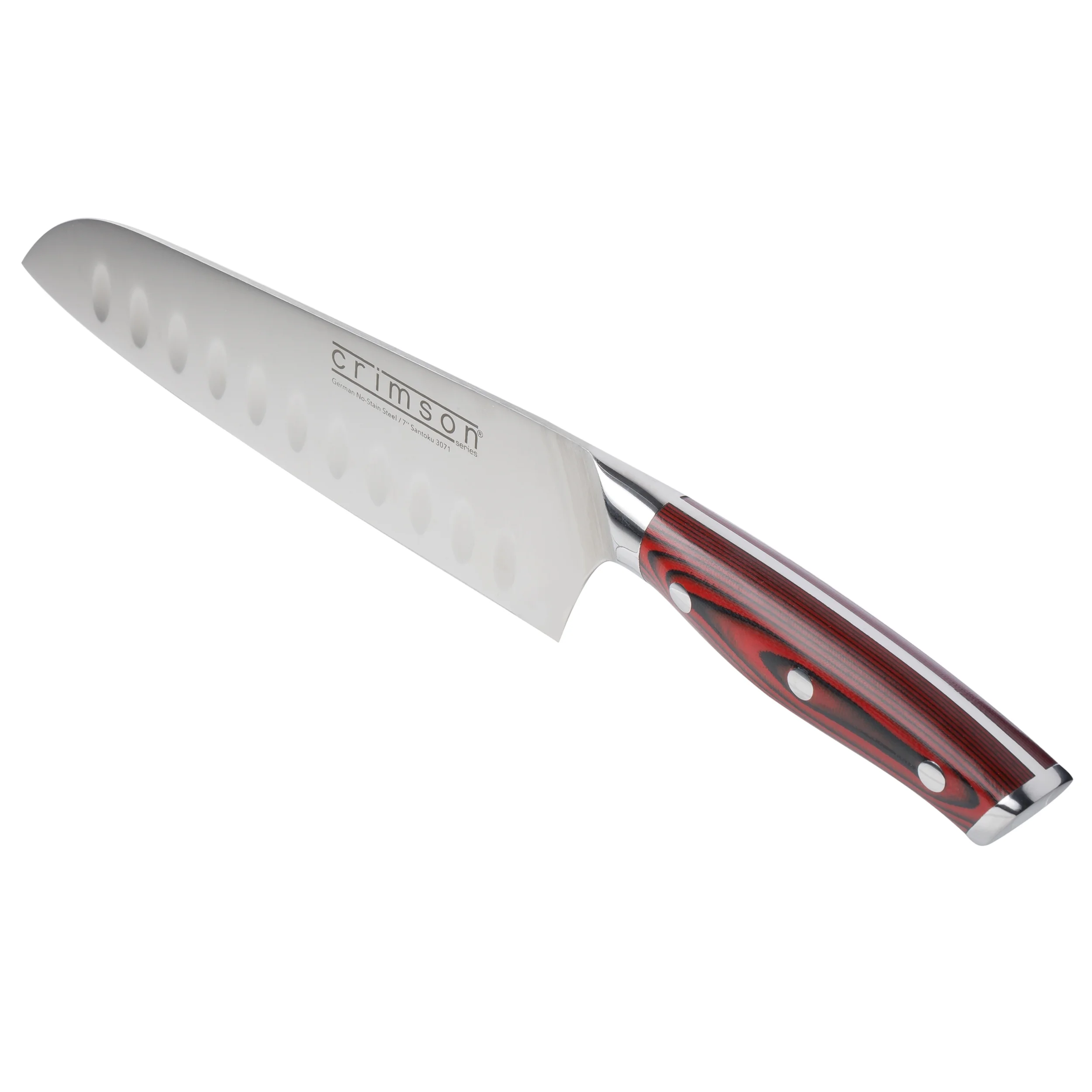 Ergo Chef 3071 -7 in. Crimson G10 Santoku Knife Hollow Grounds - Japanese knife with Red ergonomic G10 Handle
