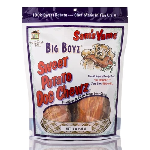 Sams Yams Sweet Potato Dog Treats, Healthy Dog Treats for Large Dogs - Sweet Potato Dog Treats A, High Fiber, Vegan Dental Chews - Big Boyz, Sweet Potato Dog Chewz, 15oz (Single Pack) 15 Ounce (Pack of 1)