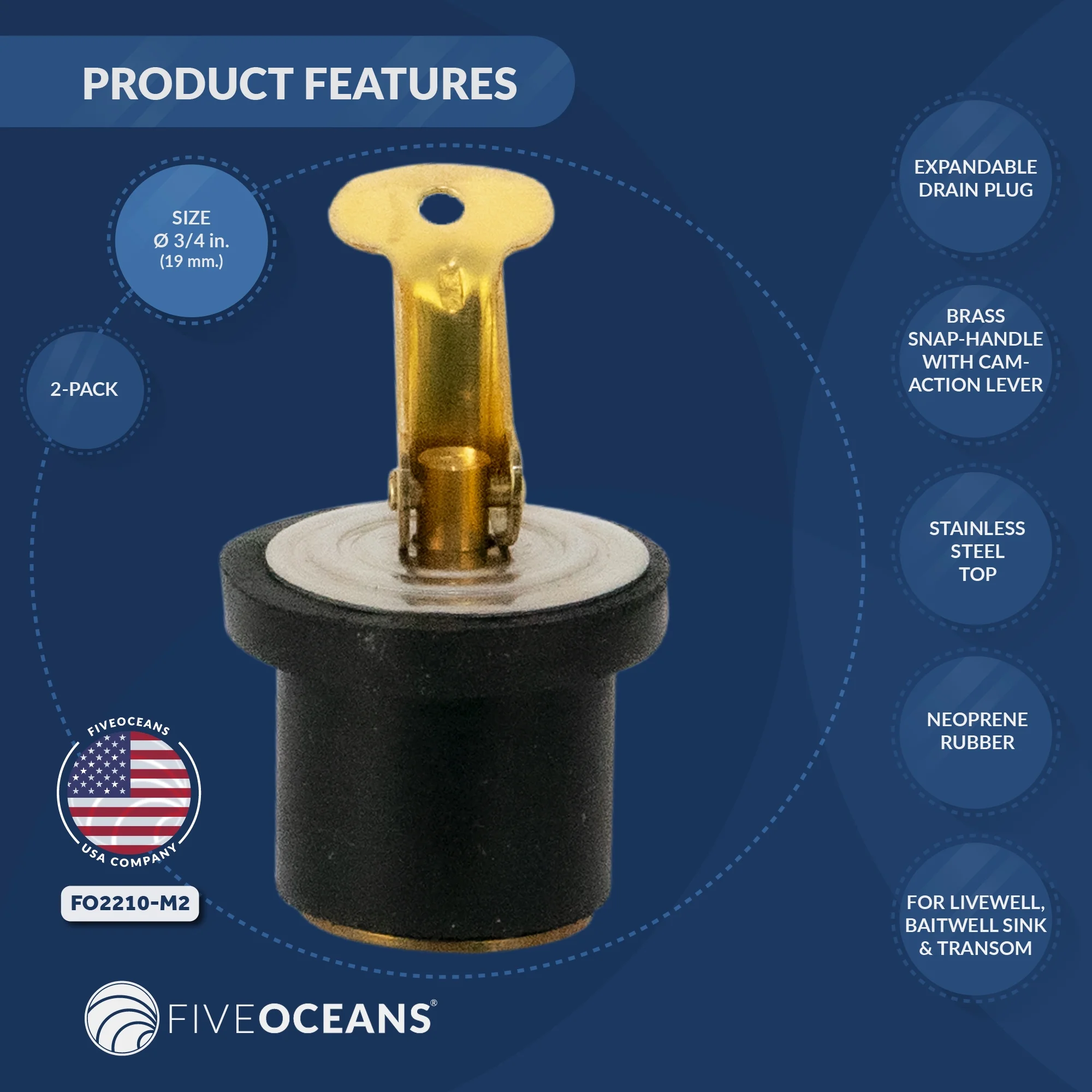 Five Oceans Livewell Bailer Drain Plug, For 3/4-Inch Diameter Drains, Locks in Place, Brass Handle, Rubber Plug, 2-Pack - FO2210-M2