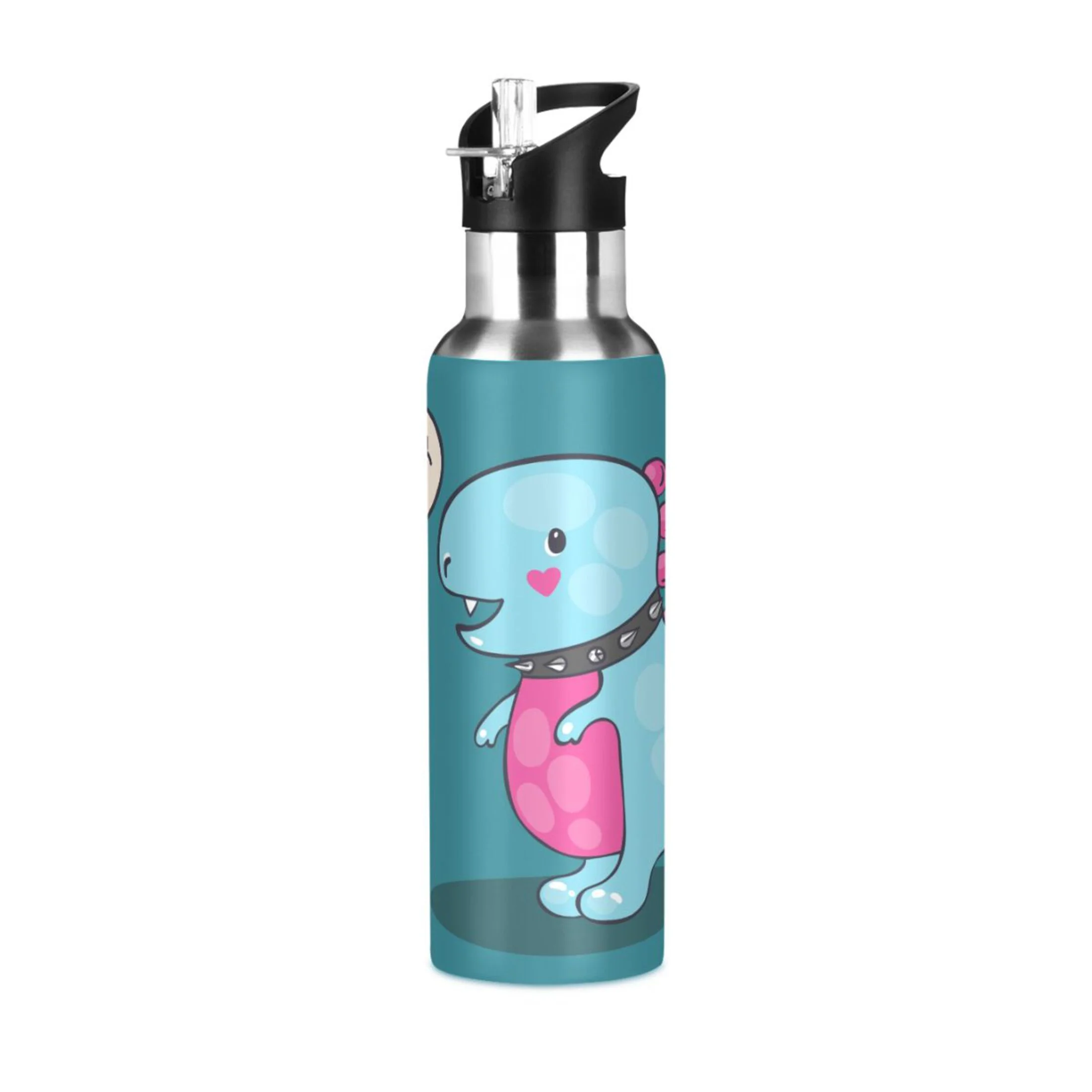 Stainless Steel Water Bottle Cute Dinosaur with Straw Lid Vacuum Insulated Keeps Hot and Cold Leak Proof Flask Jug for Gym Travel Sports Cycling Outdoor 20 OZ