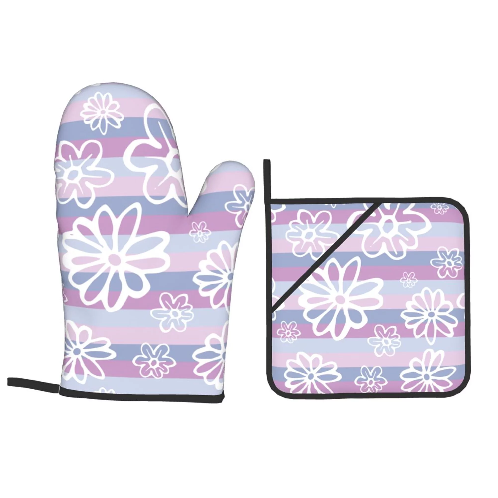 Purple Striped Flowers Oven Mitts and Pot Holders Sets Baking Sets for Kitchen BBQ Gloves Heat Resistant Cooking Line Art 4 Pieces