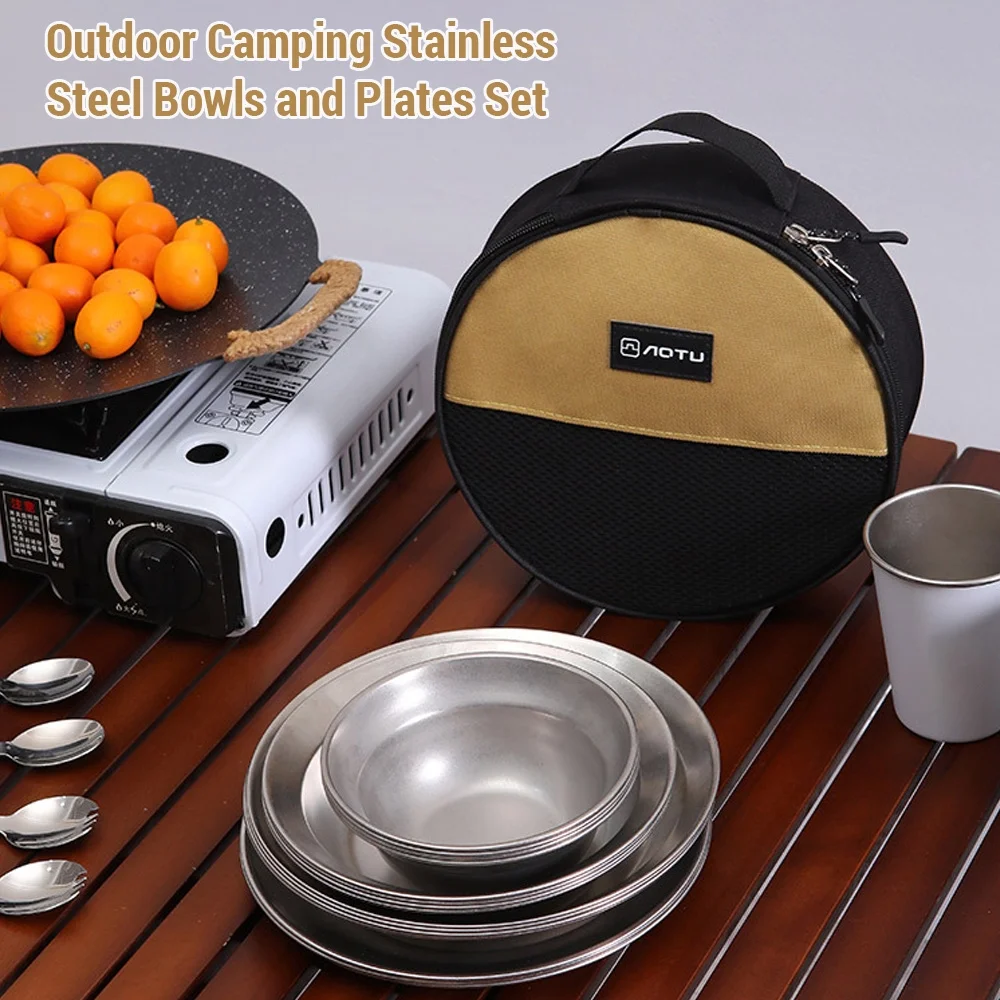AOTU tableware,Stainless Steel Plates Outdoor Tableware Reusable Stainless 16pcs Tableware Reusable BUZHI SIUKE ERYUE