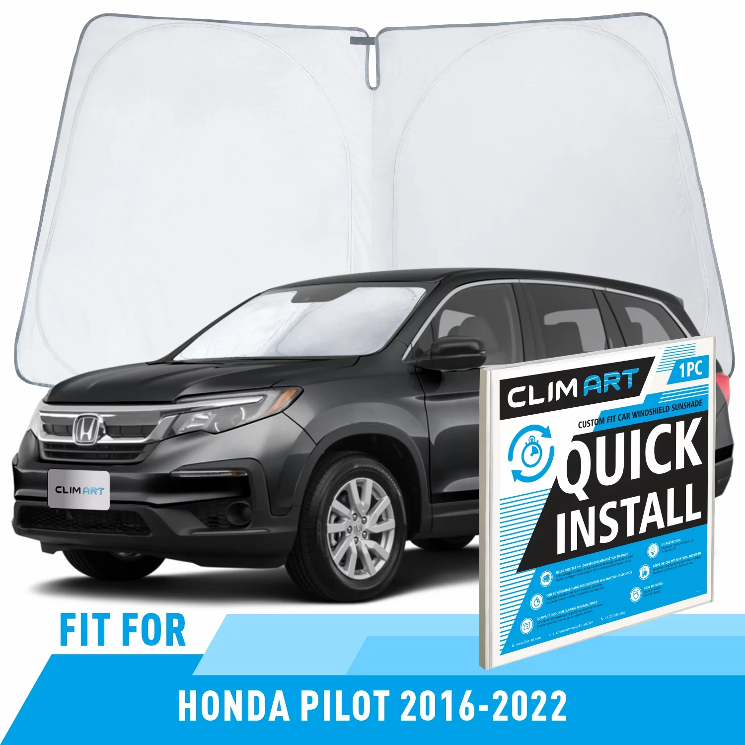 CLIM ART Windshield Sun Shade for Honda Pilot 2016-2022 - Custom-Fit Foldable Car Sun Shade - Car Sunshade - Vehicle Sun Protector - Front Auto Windshield Cover, Car Windshield -WS5007