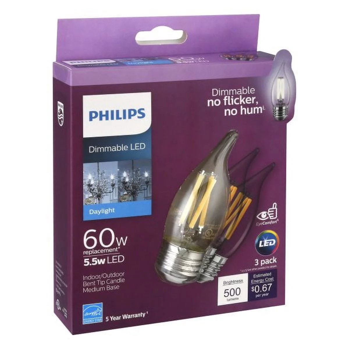 Philips 60W Equivalent Daylight BA11 Medium LED Decorative Light Bulb (3-Pack)